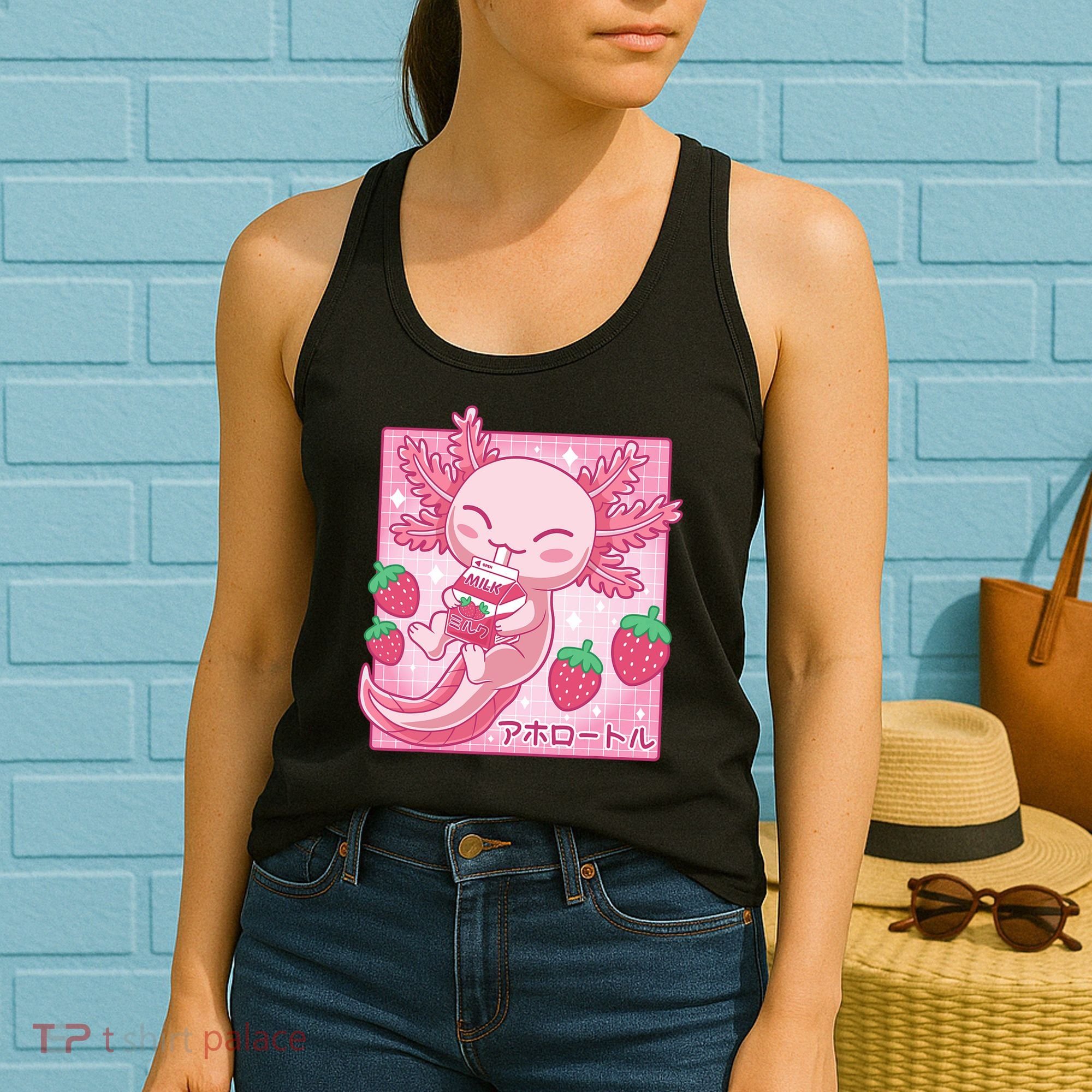 Kawaii Axolotl Strawberry Milk Shake Japanese Anime Women's Tank Top