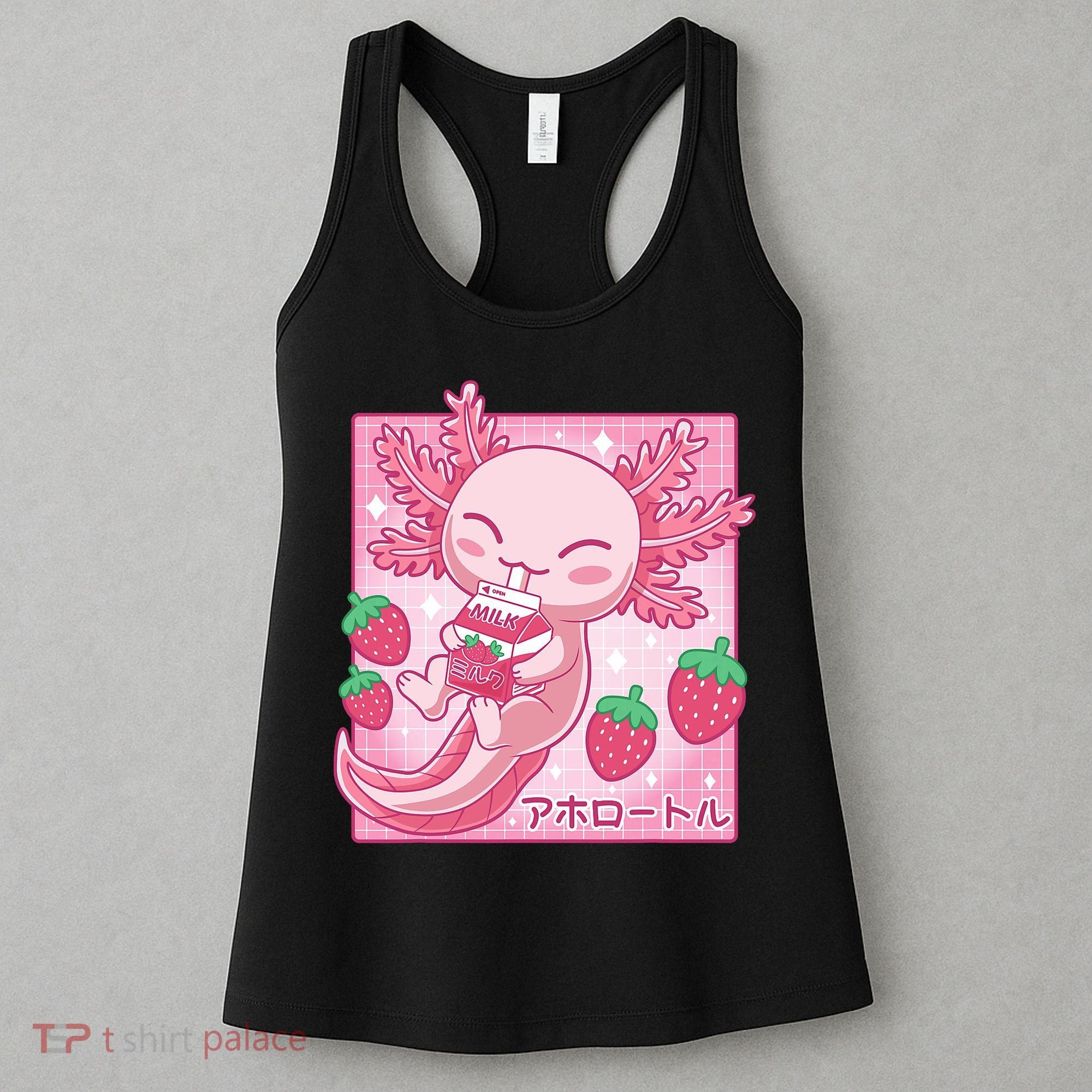Kawaii Axolotl Strawberry Milk Shake Japanese Anime Women's Tank Top