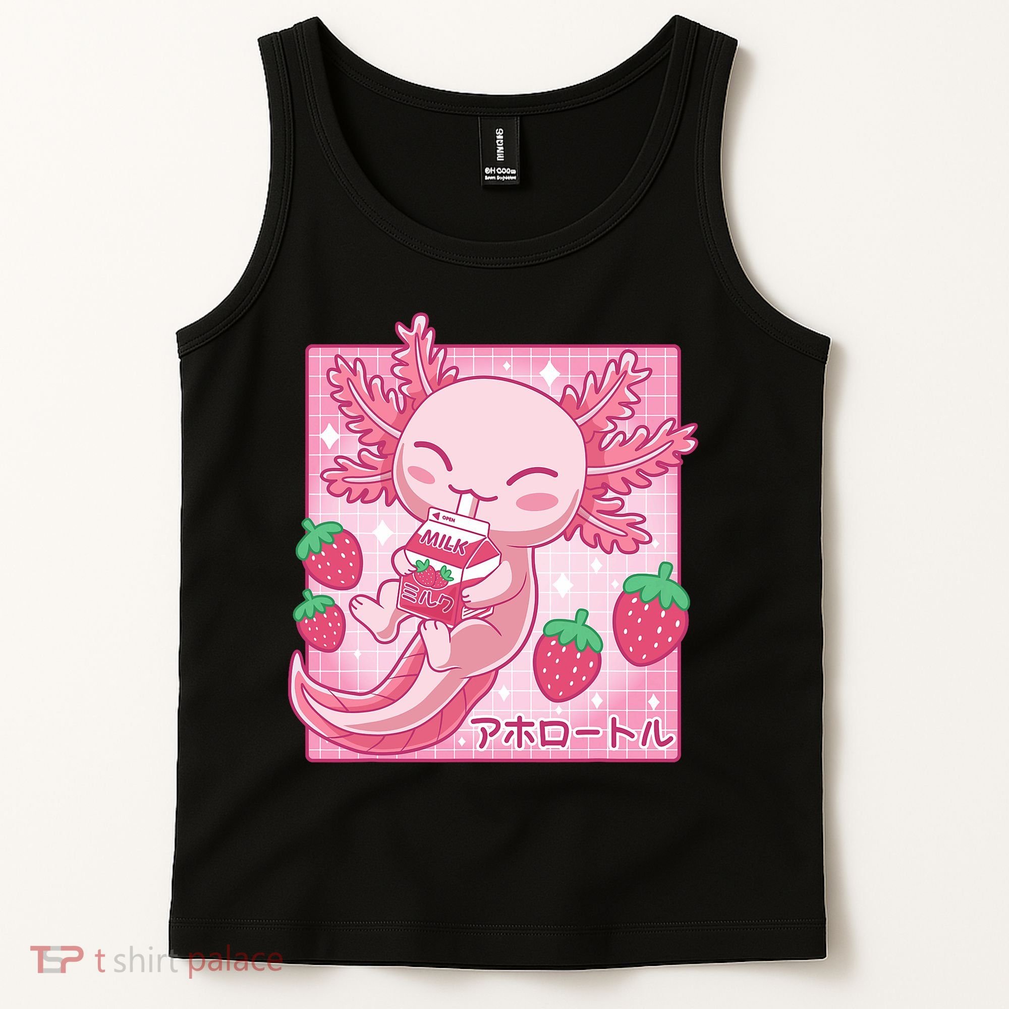 Kawaii Axolotl Strawberry Milk Shake Japanese Anime Tank Top