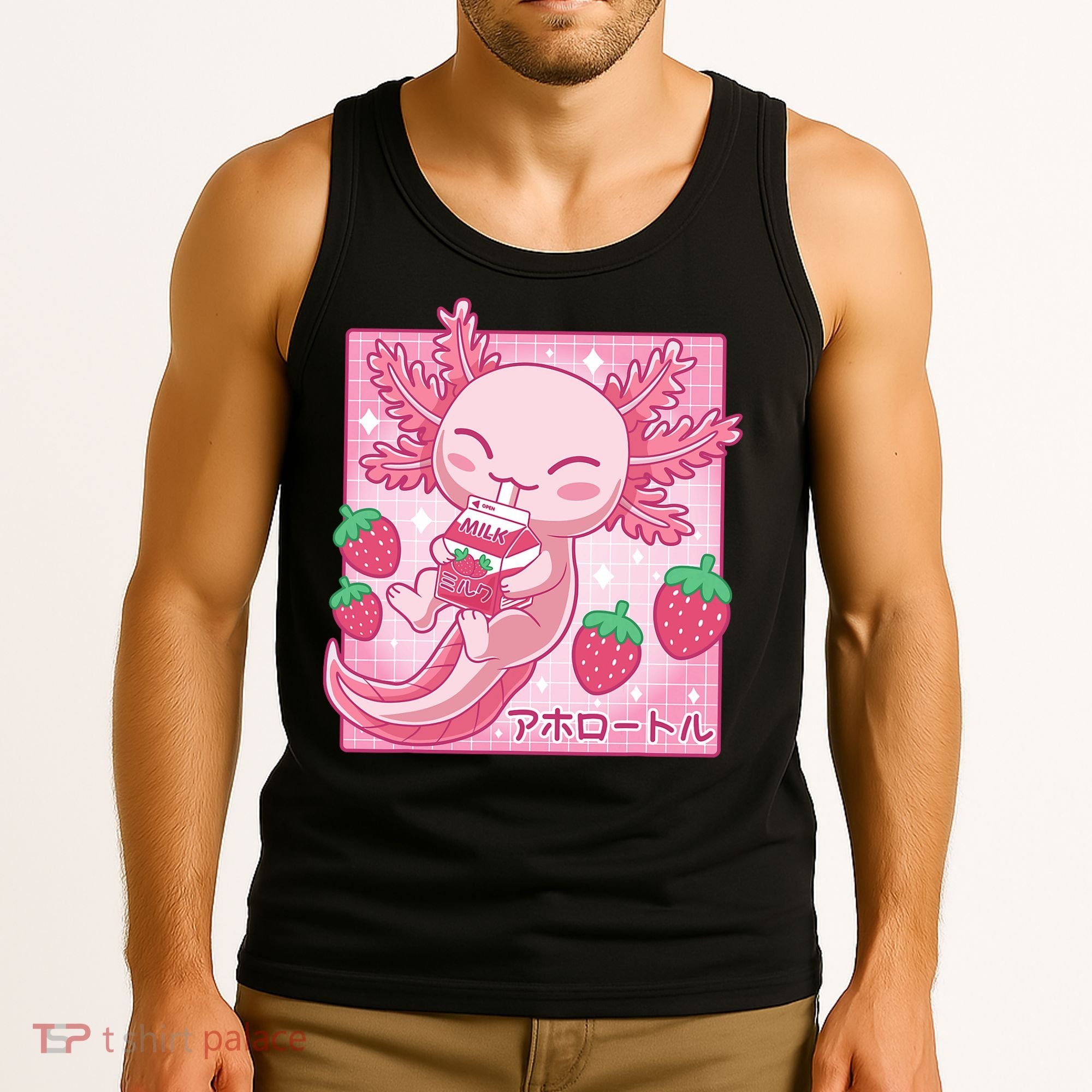 Kawaii Axolotl Strawberry Milk Shake Japanese Anime Tank Top