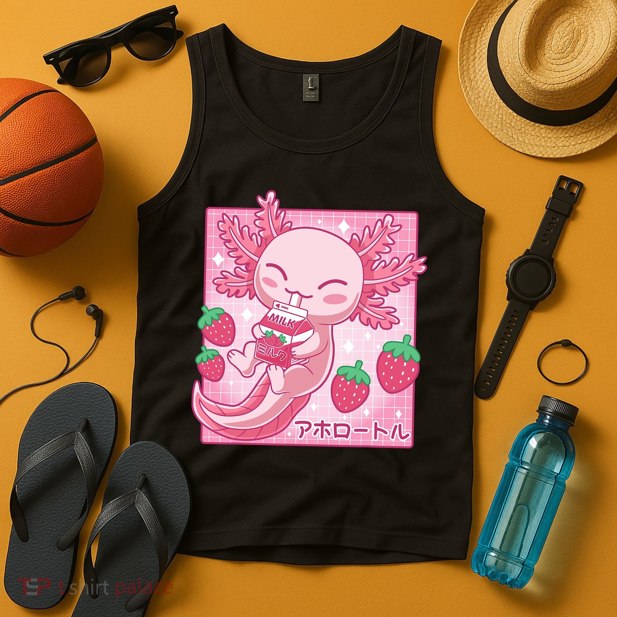 Kawaii Axolotl Strawberry Milk Shake Japanese Anime Tank Top