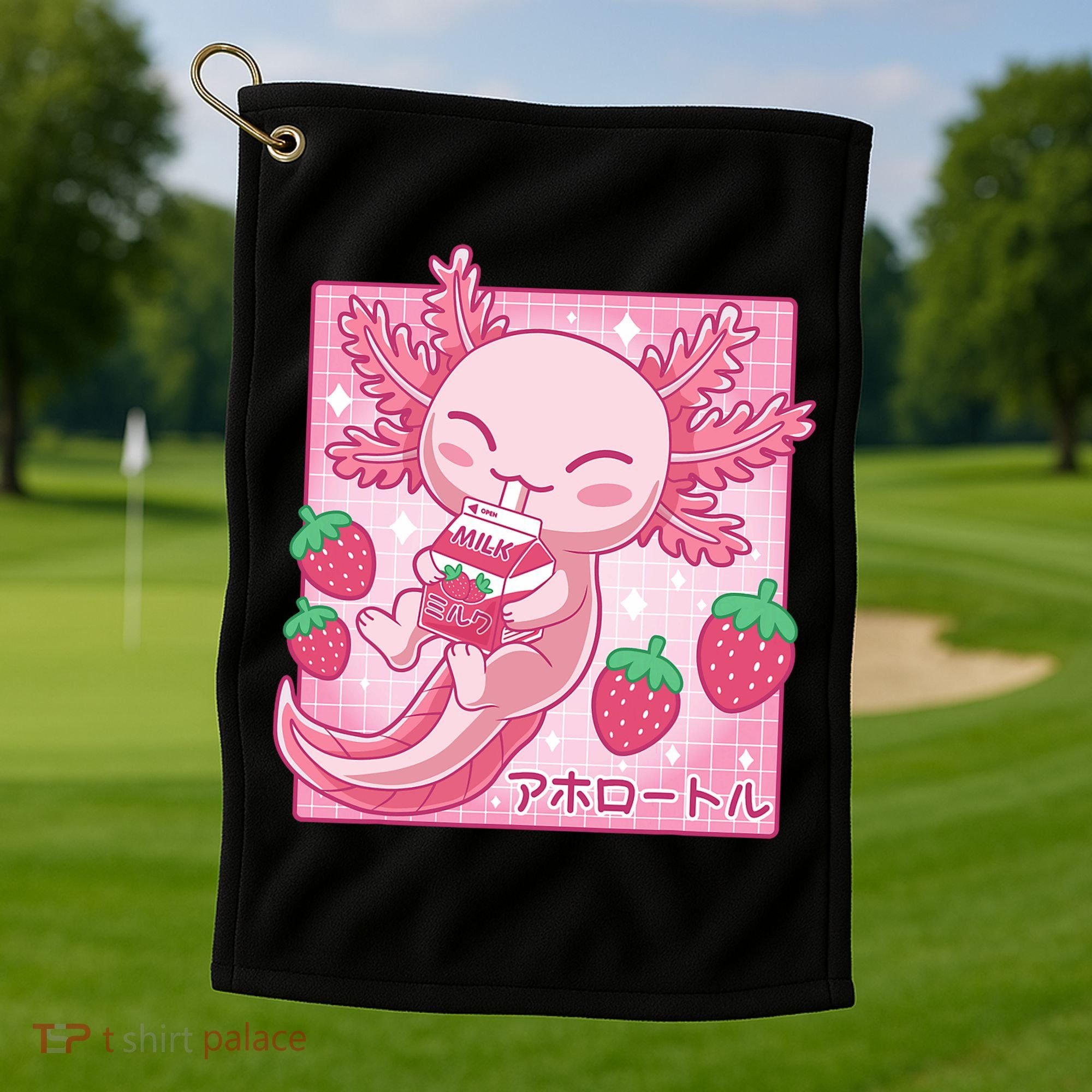Kawaii Axolotl Strawberry Milk Shake Japanese Anime Golf Towel