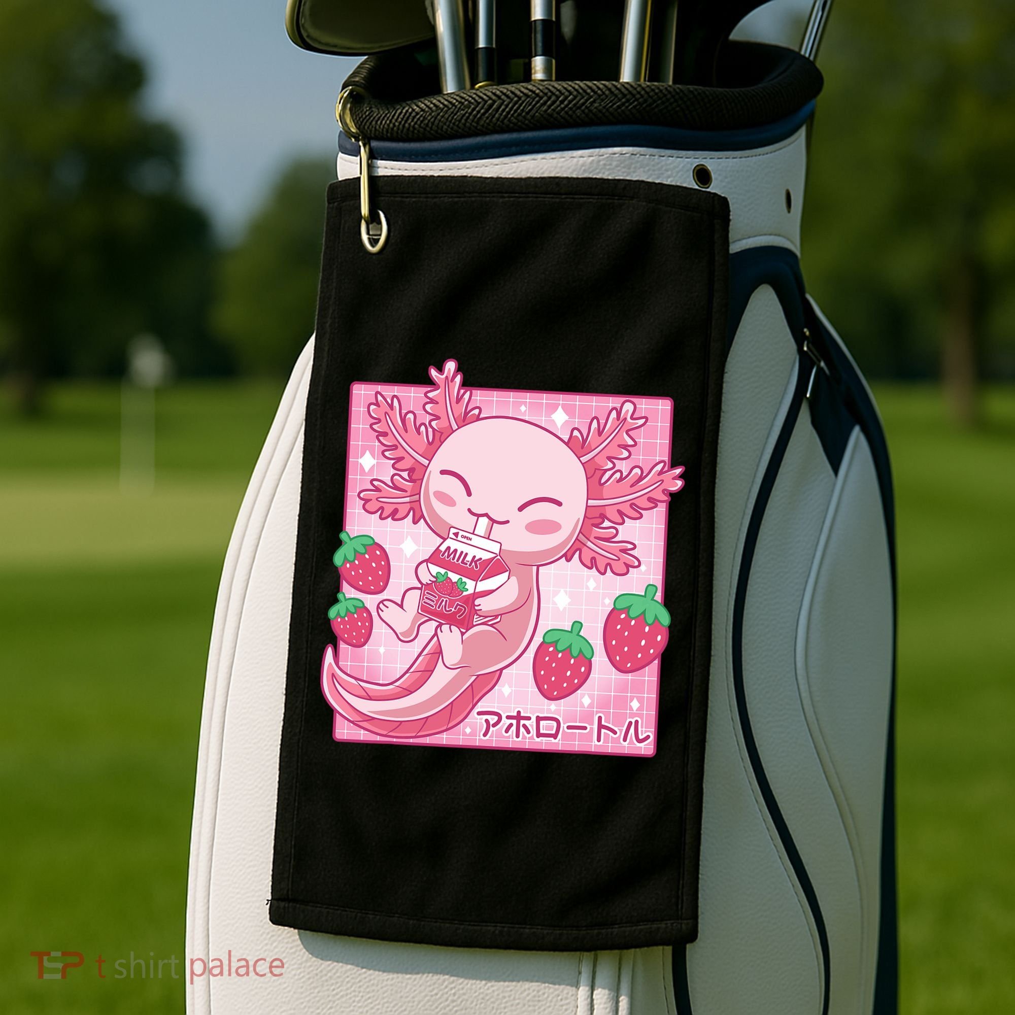 Kawaii Axolotl Strawberry Milk Shake Japanese Anime Golf Towel