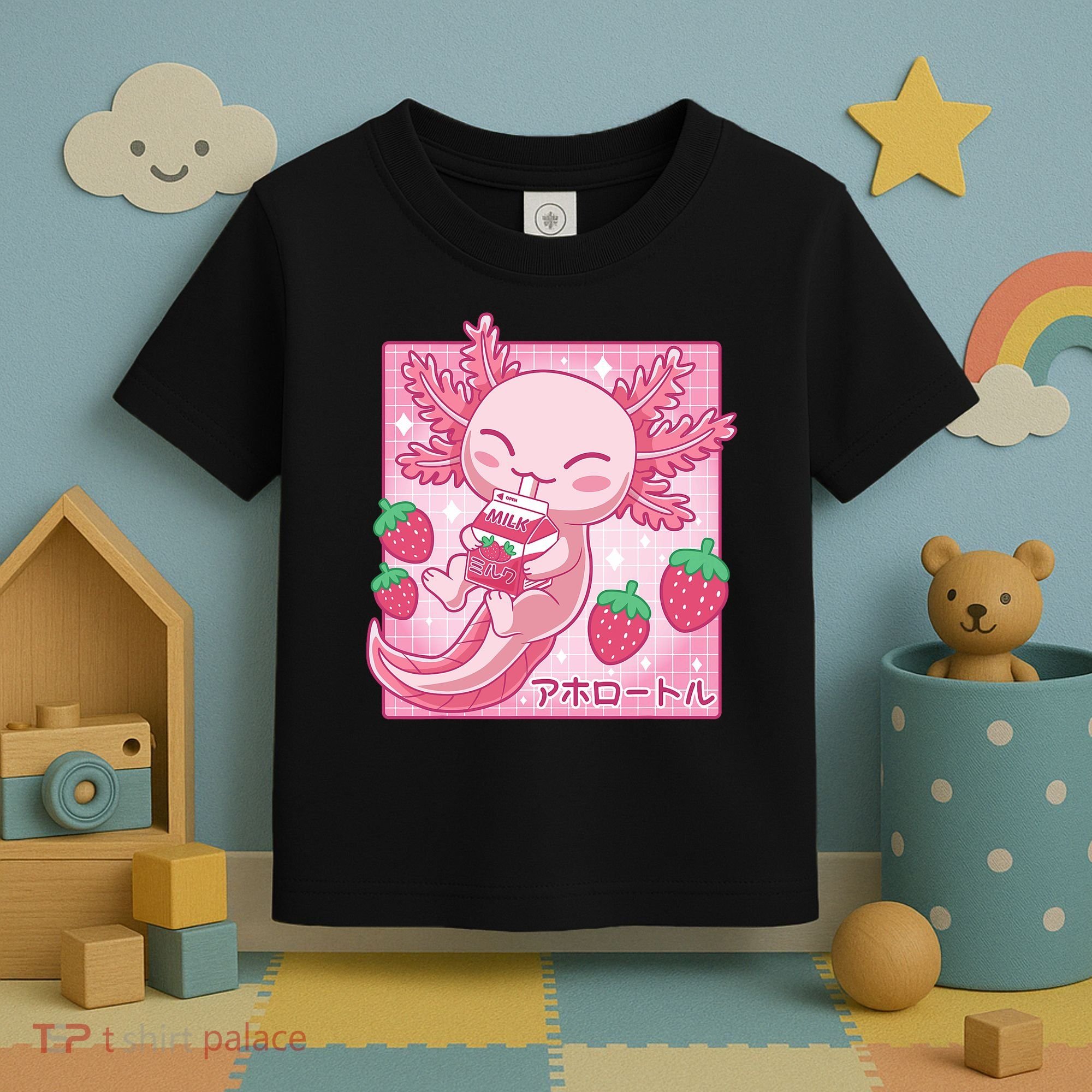 Kawaii Axolotl Strawberry Milk Shake Japanese Anime Toddler T-Shirt