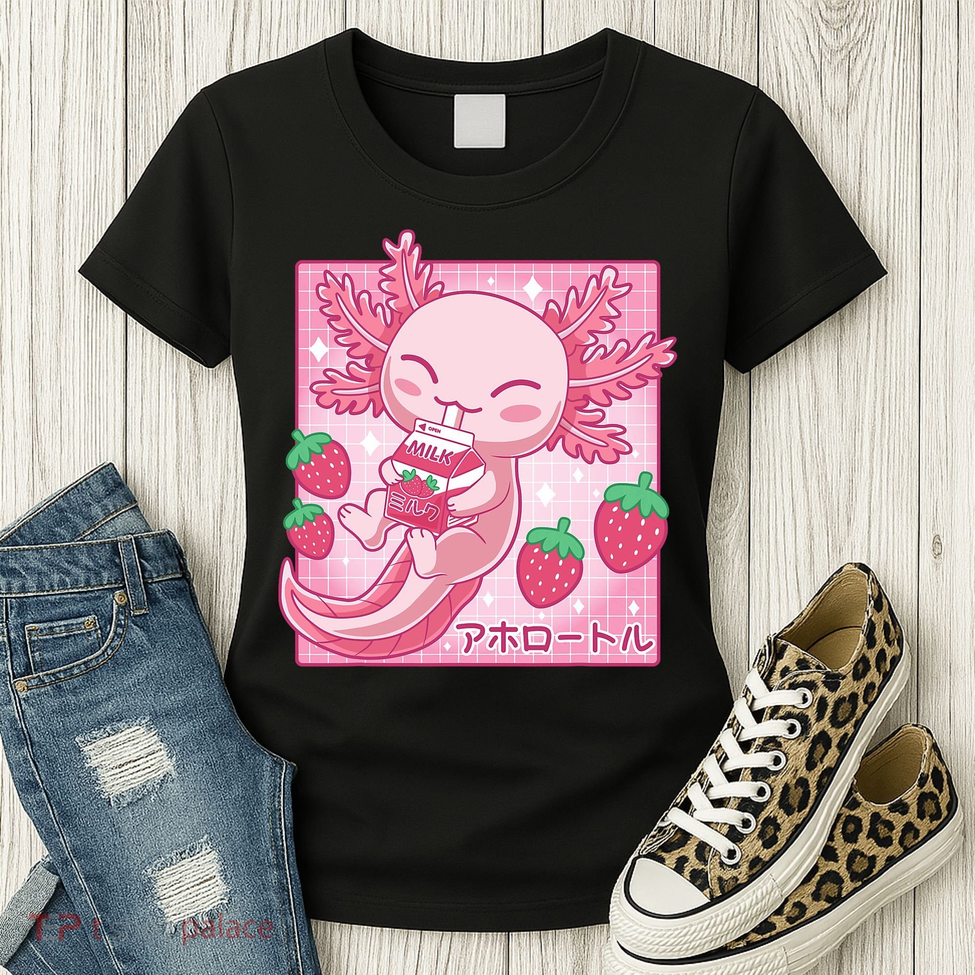 Kawaii Axolotl Strawberry Milk Shake Japanese Anime Women's T-Shirt