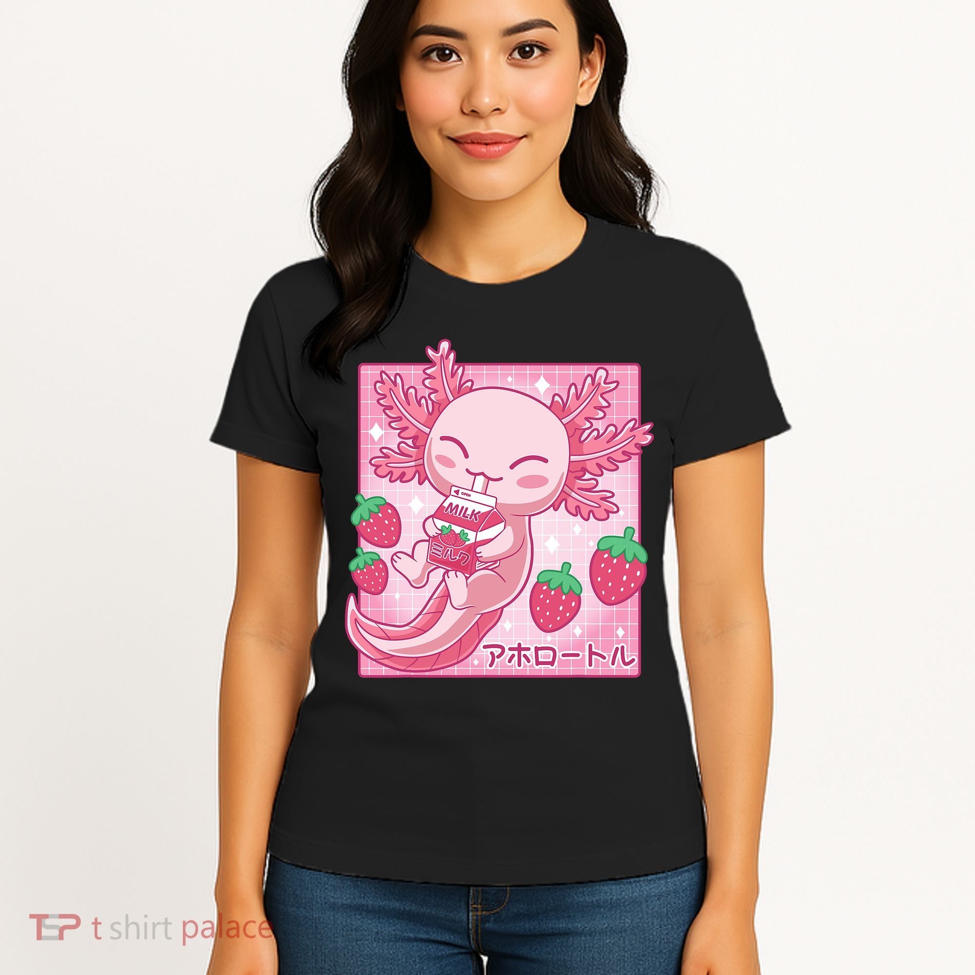 Kawaii Axolotl Strawberry Milk Shake Japanese Anime Women's T-Shirt