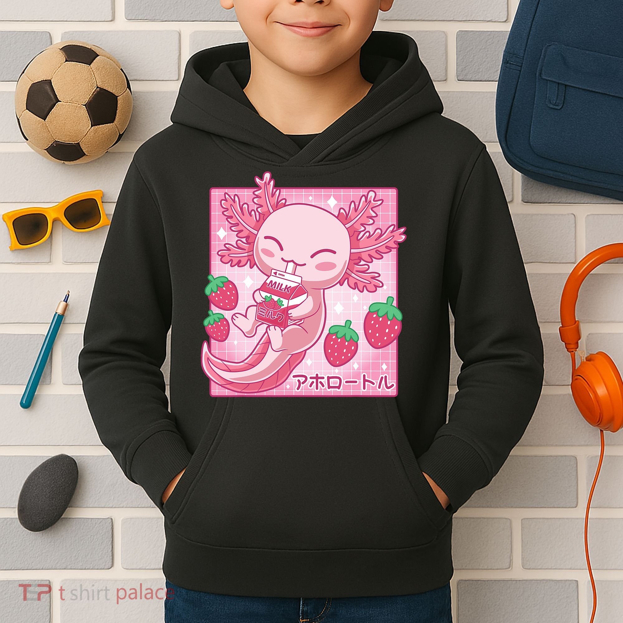 Kawaii Axolotl Strawberry Milk Shake Japanese Anime Kids Hoodie