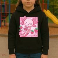 Kawaii Axolotl Strawberry Milk Shake Japanese Anime Kids Hoodie thumb 3