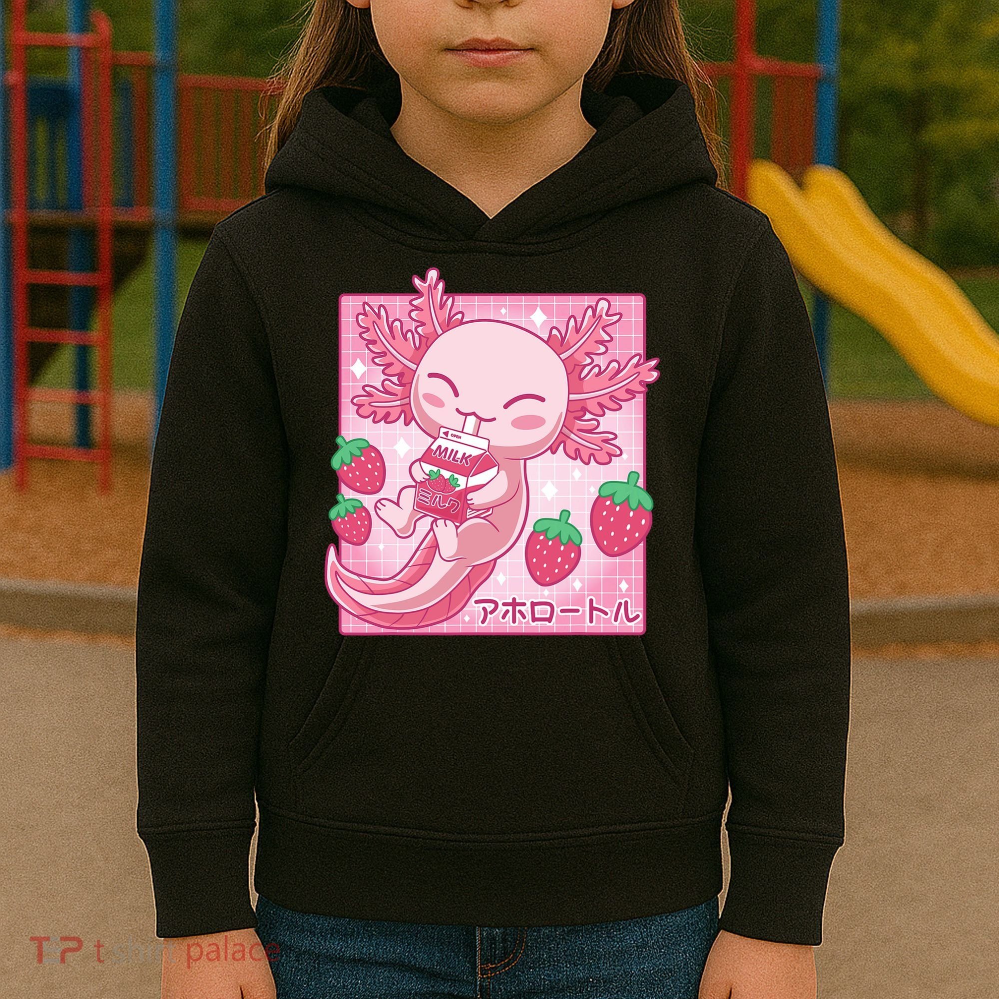 Kawaii Axolotl Strawberry Milk Shake Japanese Anime Kids Hoodie