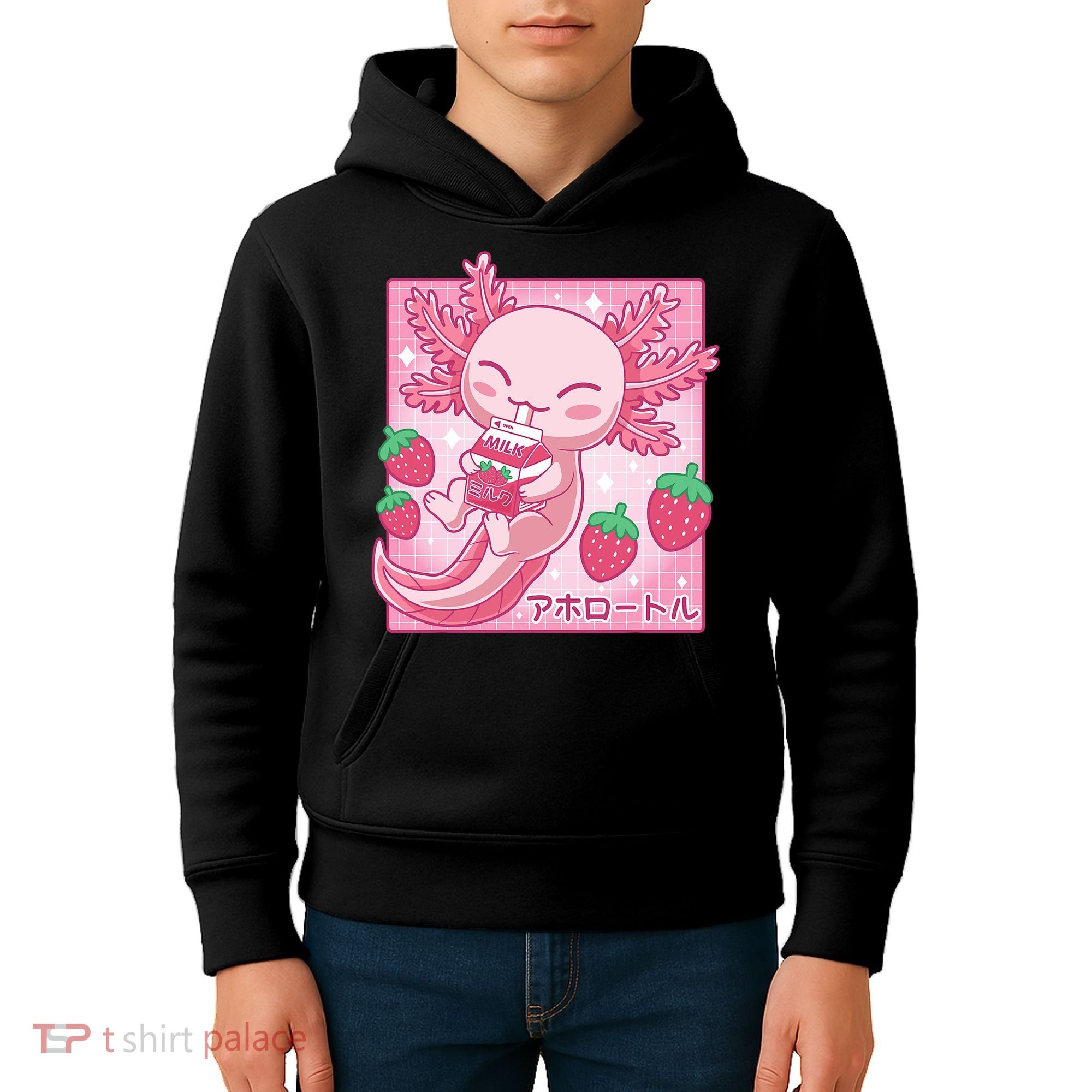 Kawaii Axolotl Strawberry Milk Shake Japanese Anime Kids Hoodie