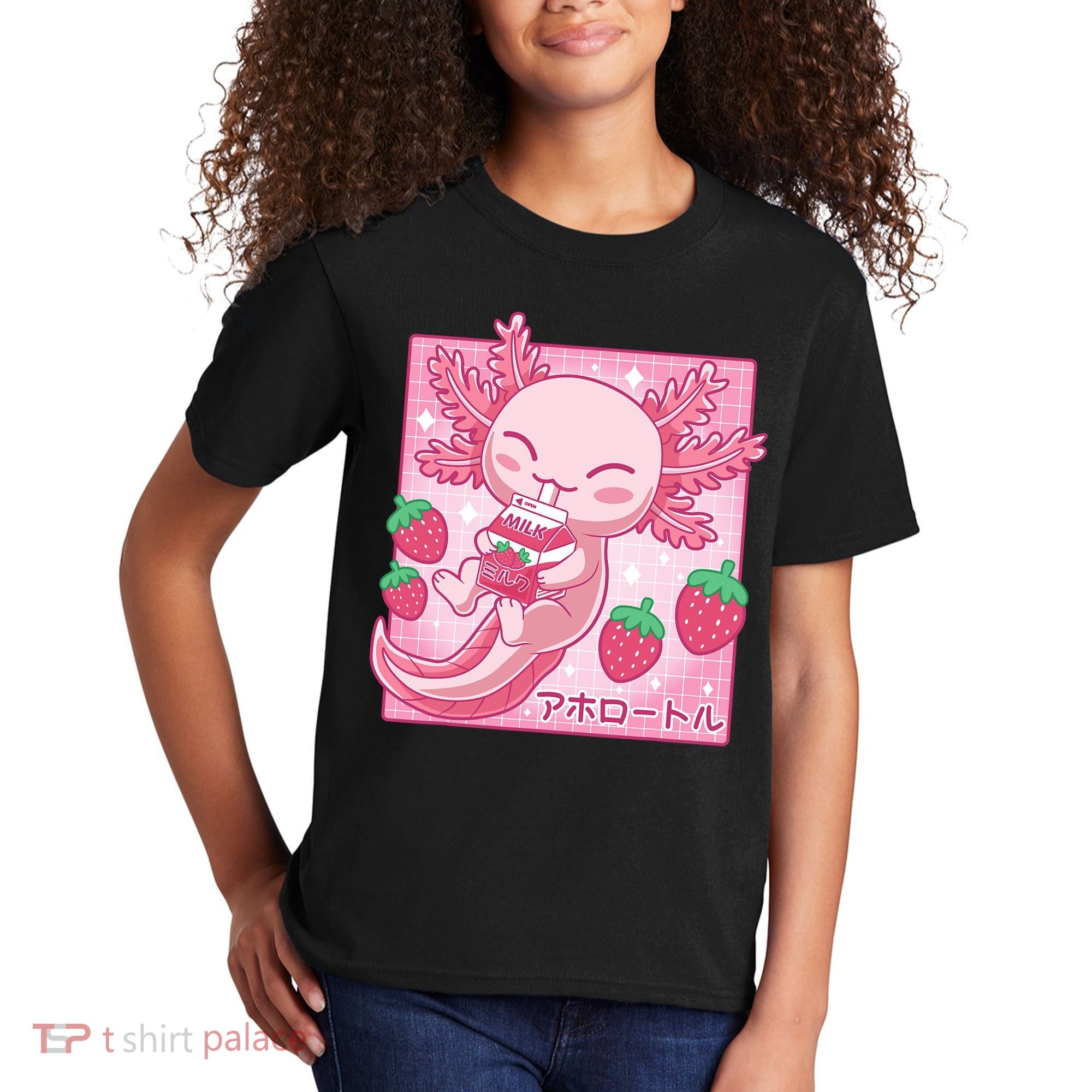 Kawaii Axolotl Strawberry Milk Shake Japanese Anime Kids T-Shirt
