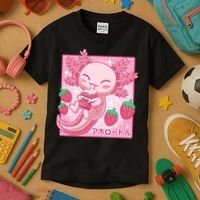 Kawaii Axolotl Strawberry Milk Shake Japanese Anime Kids T-Shirt thumb 3