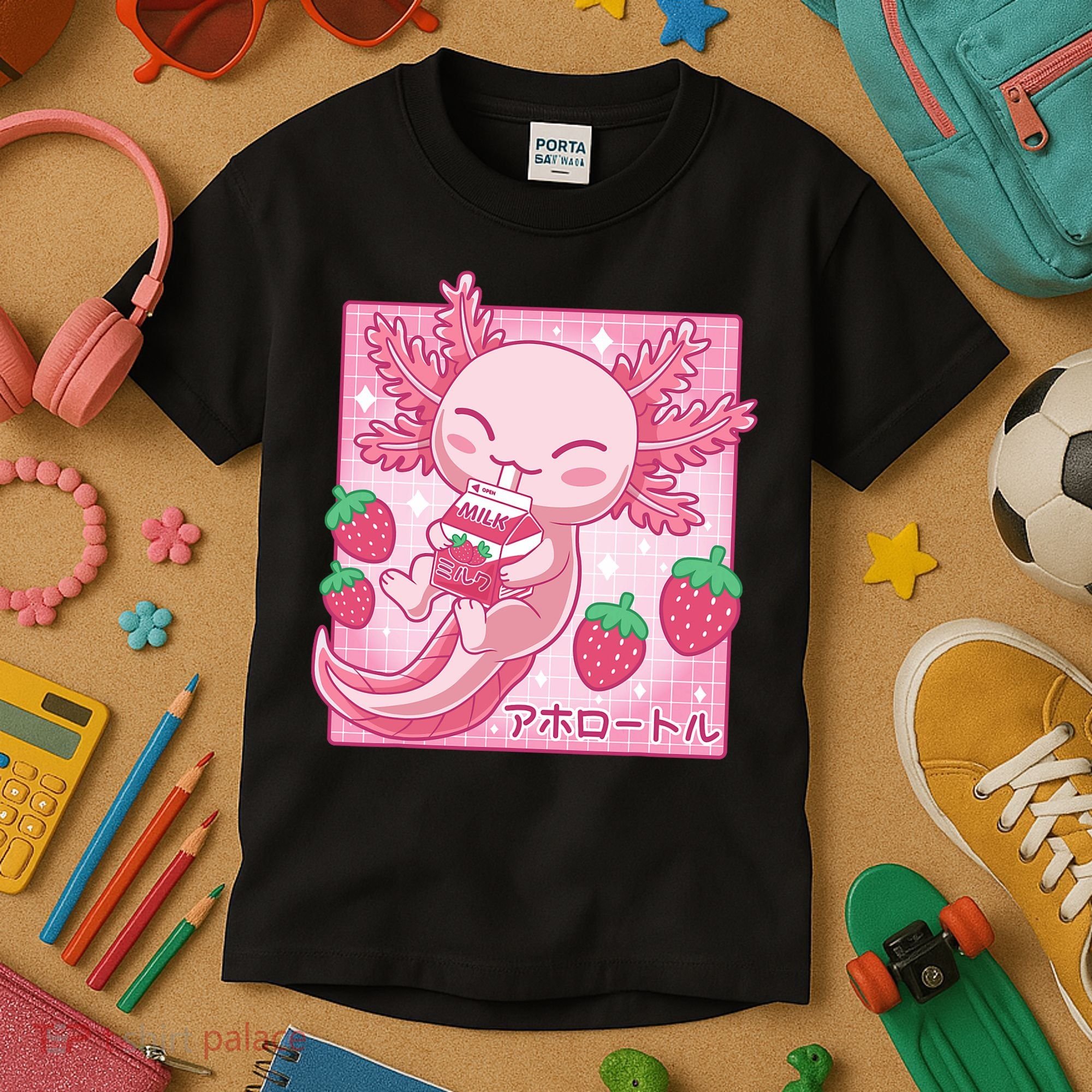 Kawaii Axolotl Strawberry Milk Shake Japanese Anime Kids T-Shirt