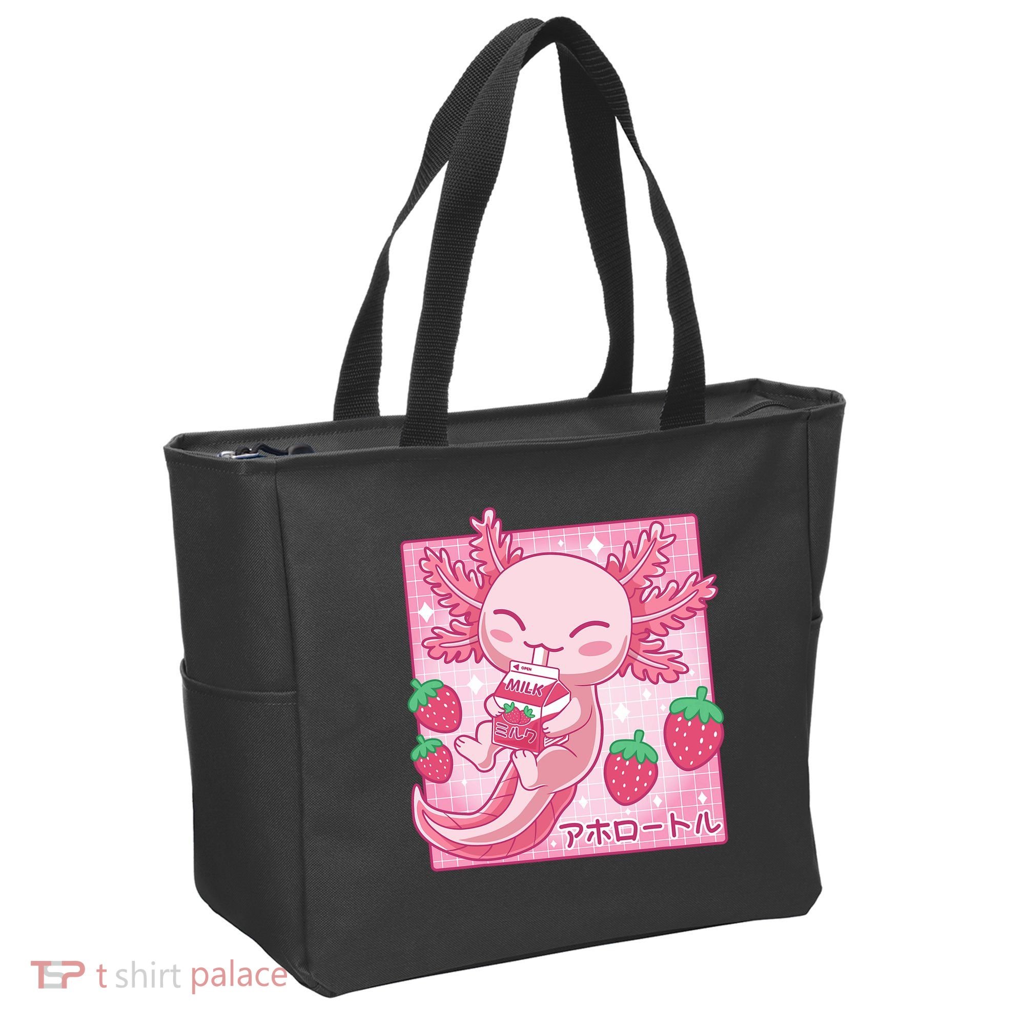 Kawaii Axolotl Strawberry Milk Shake Japanese Anime Tote Bag
