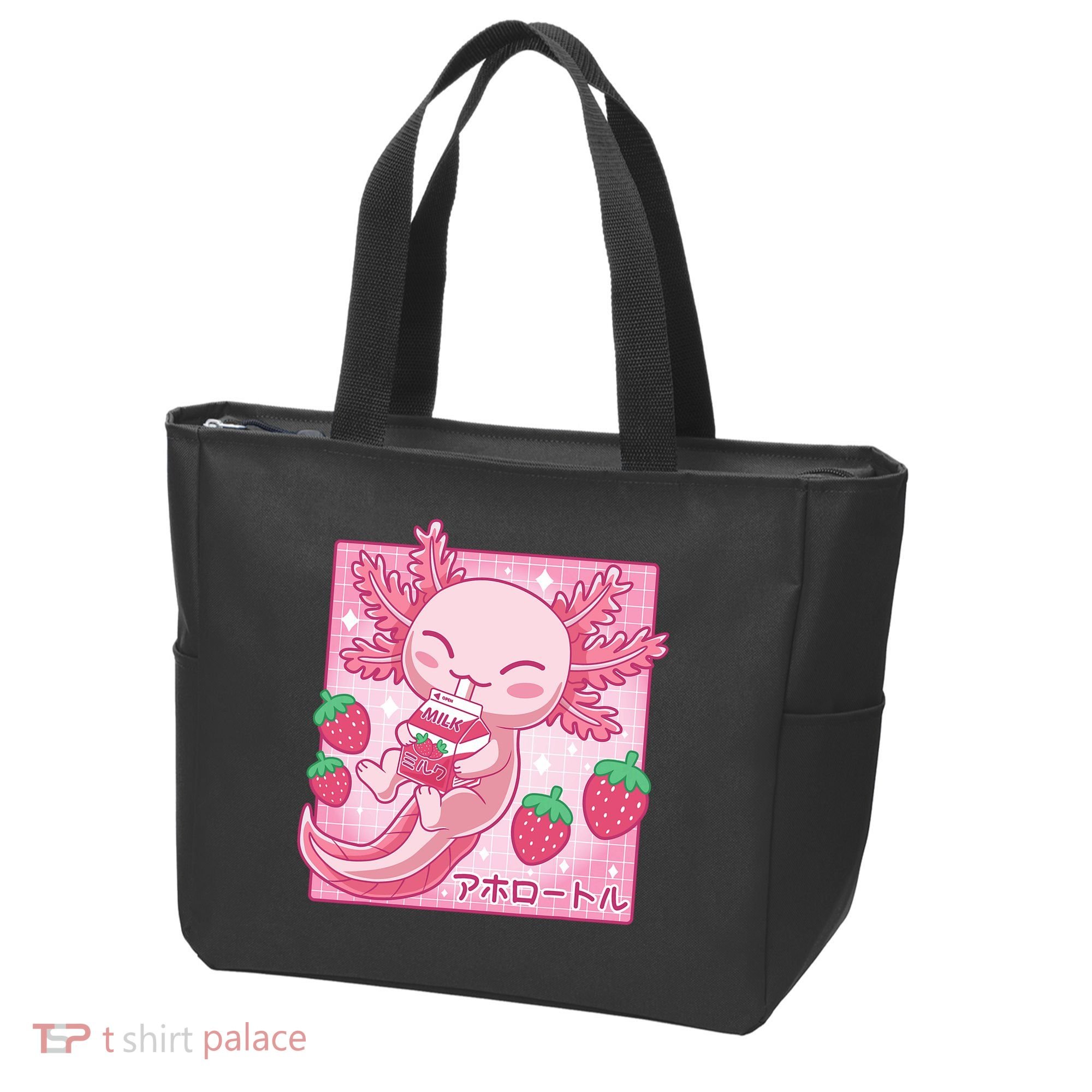 Kawaii Axolotl Strawberry Milk Shake Japanese Anime Tote Bag