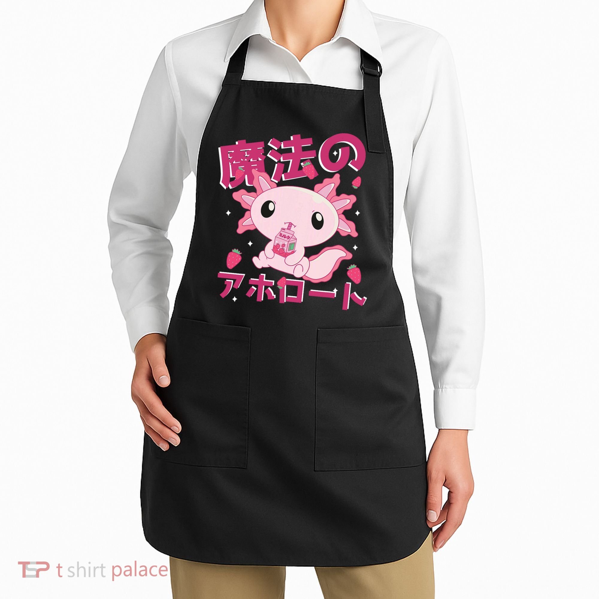 Kawaii Axolotl Strawberry Milk Shake Japanese Anime Apron
