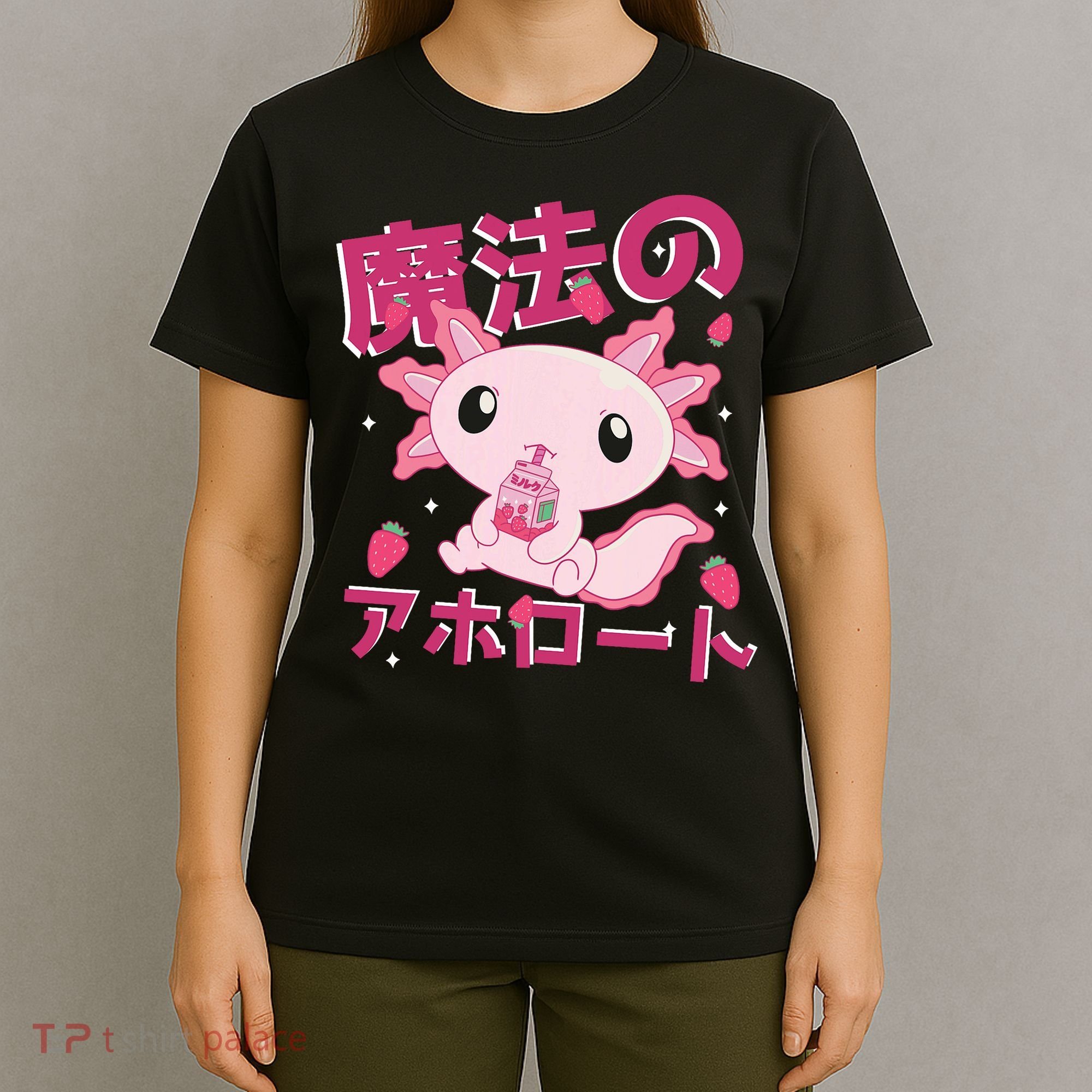 Kawaii Axolotl Strawberry Milk Shake Japanese Anime T-Shirt