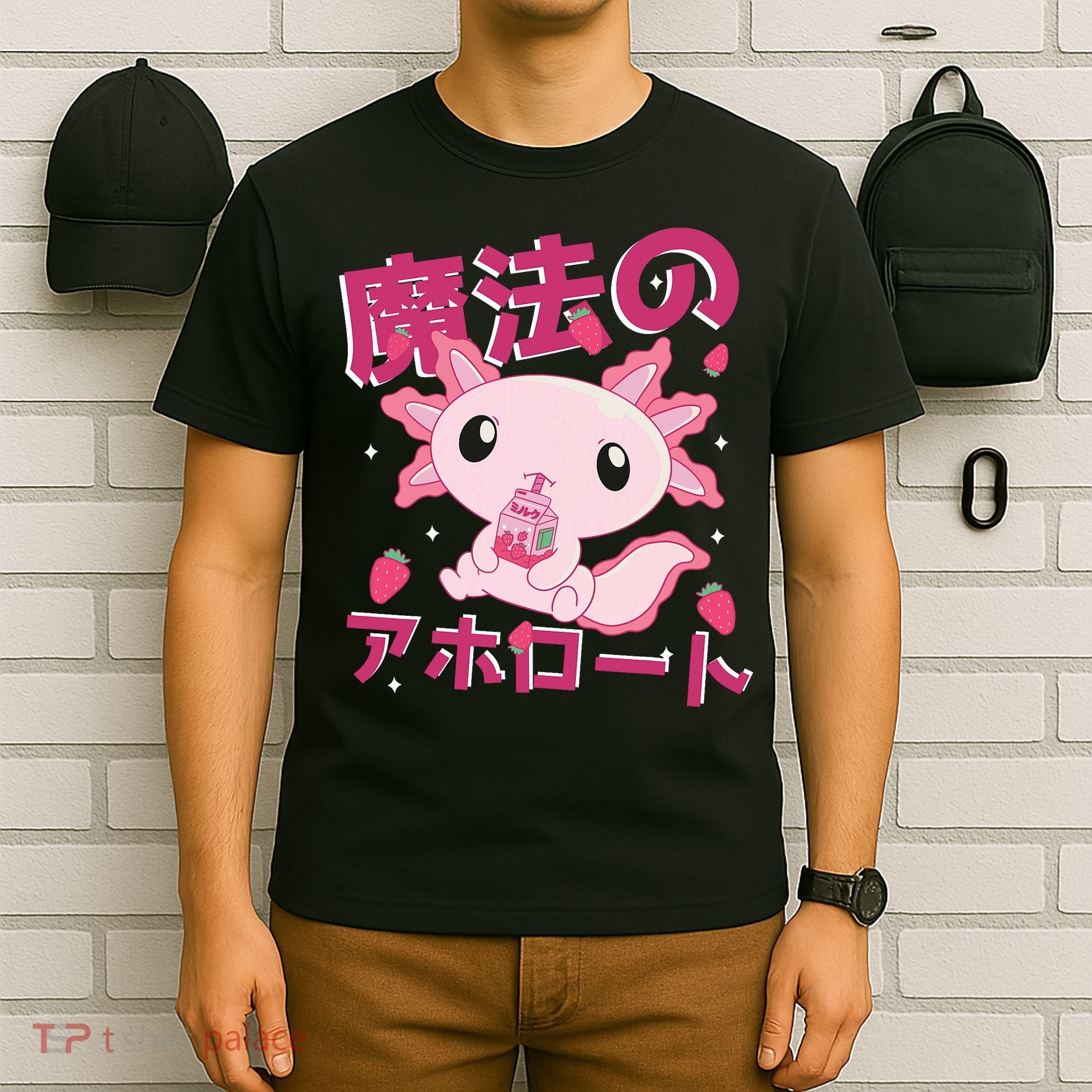 Kawaii Axolotl Strawberry Milk Shake Japanese Anime T-Shirt