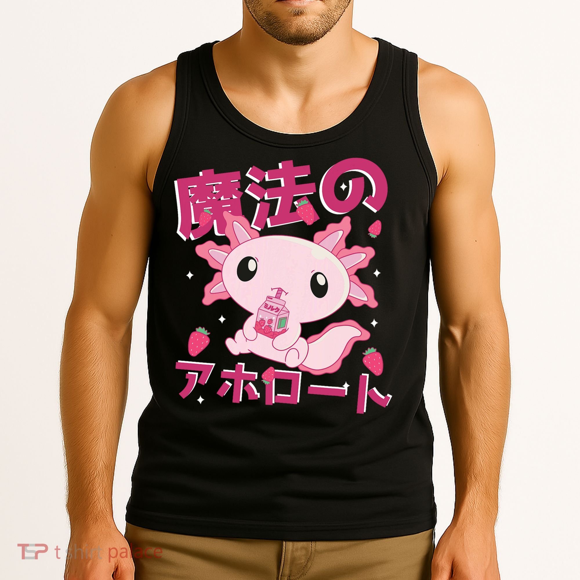 Kawaii Axolotl Strawberry Milk Shake Japanese Anime Tank Top