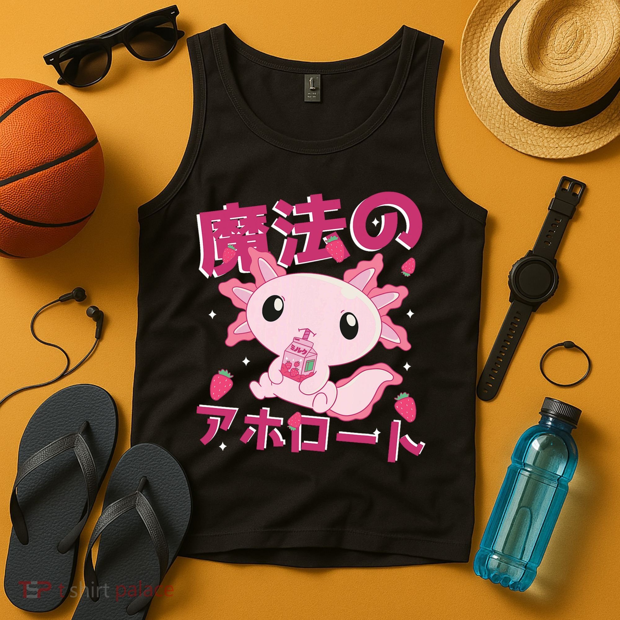 Kawaii Axolotl Strawberry Milk Shake Japanese Anime Tank Top