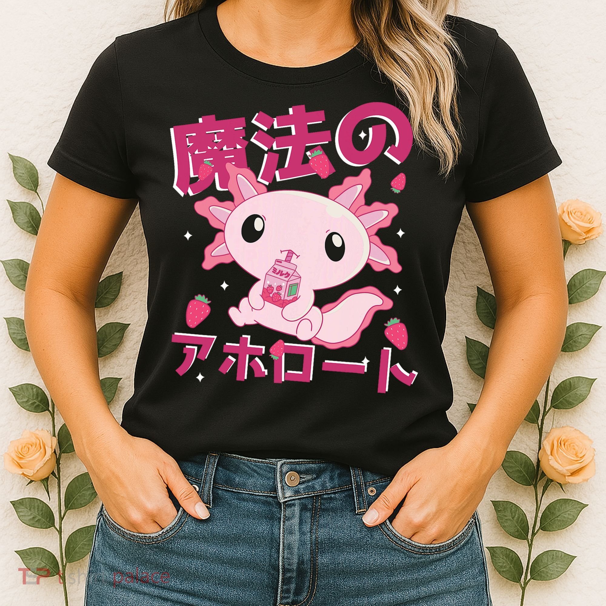 Kawaii Axolotl Strawberry Milk Shake Japanese Anime Women's T-Shirt