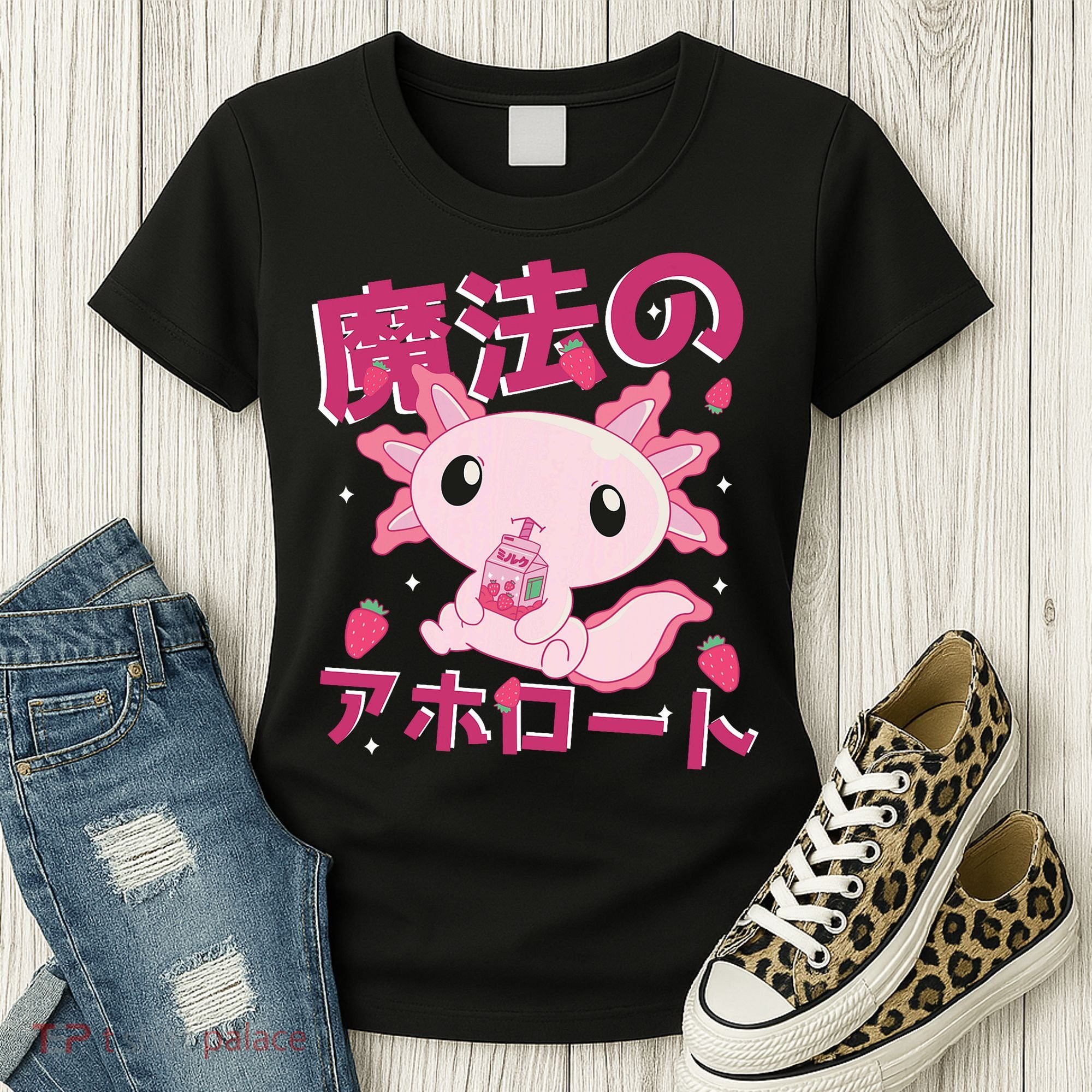 Kawaii Axolotl Strawberry Milk Shake Japanese Anime Women's T-Shirt