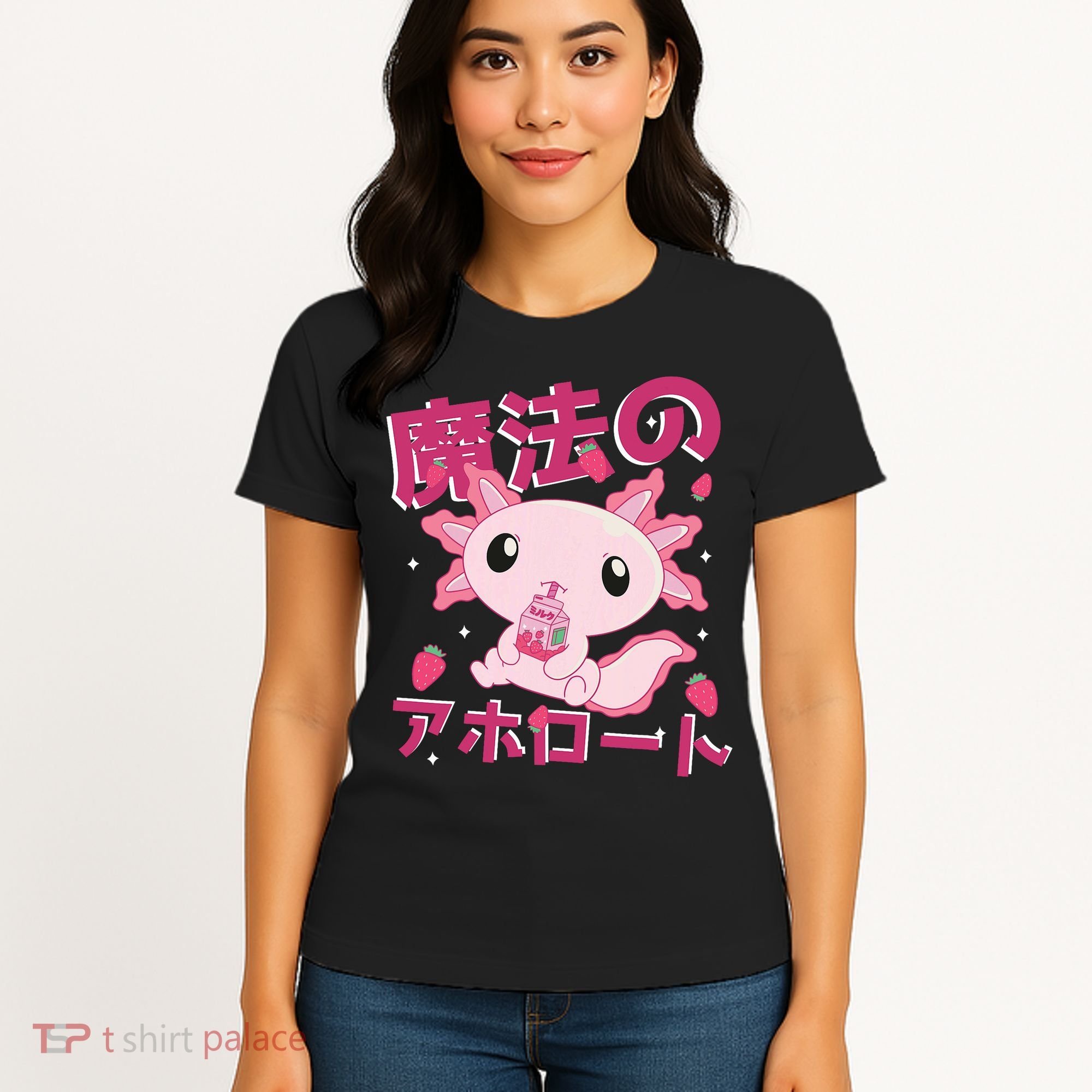 Kawaii Axolotl Strawberry Milk Shake Japanese Anime Women's T-Shirt