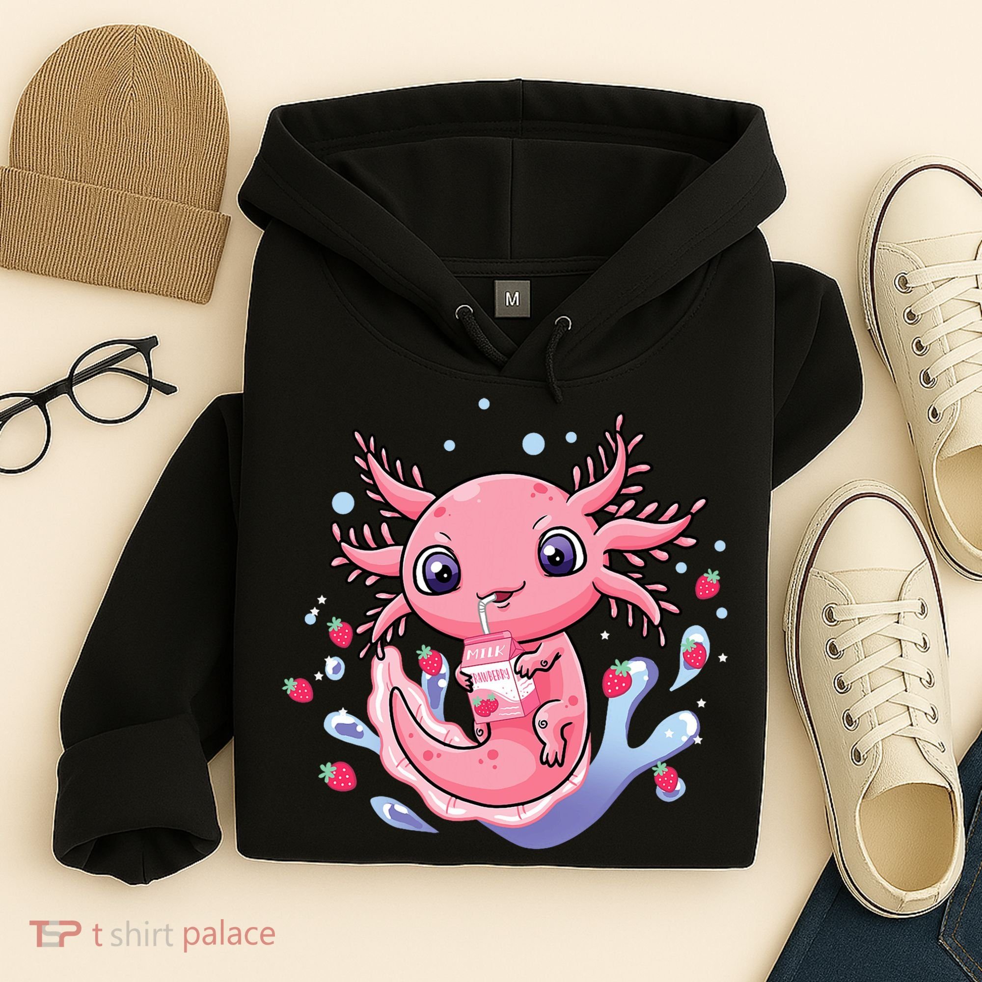 Kawaii Axolotl Strawberry Milk Shake Japanese Anime 2 Hoodie