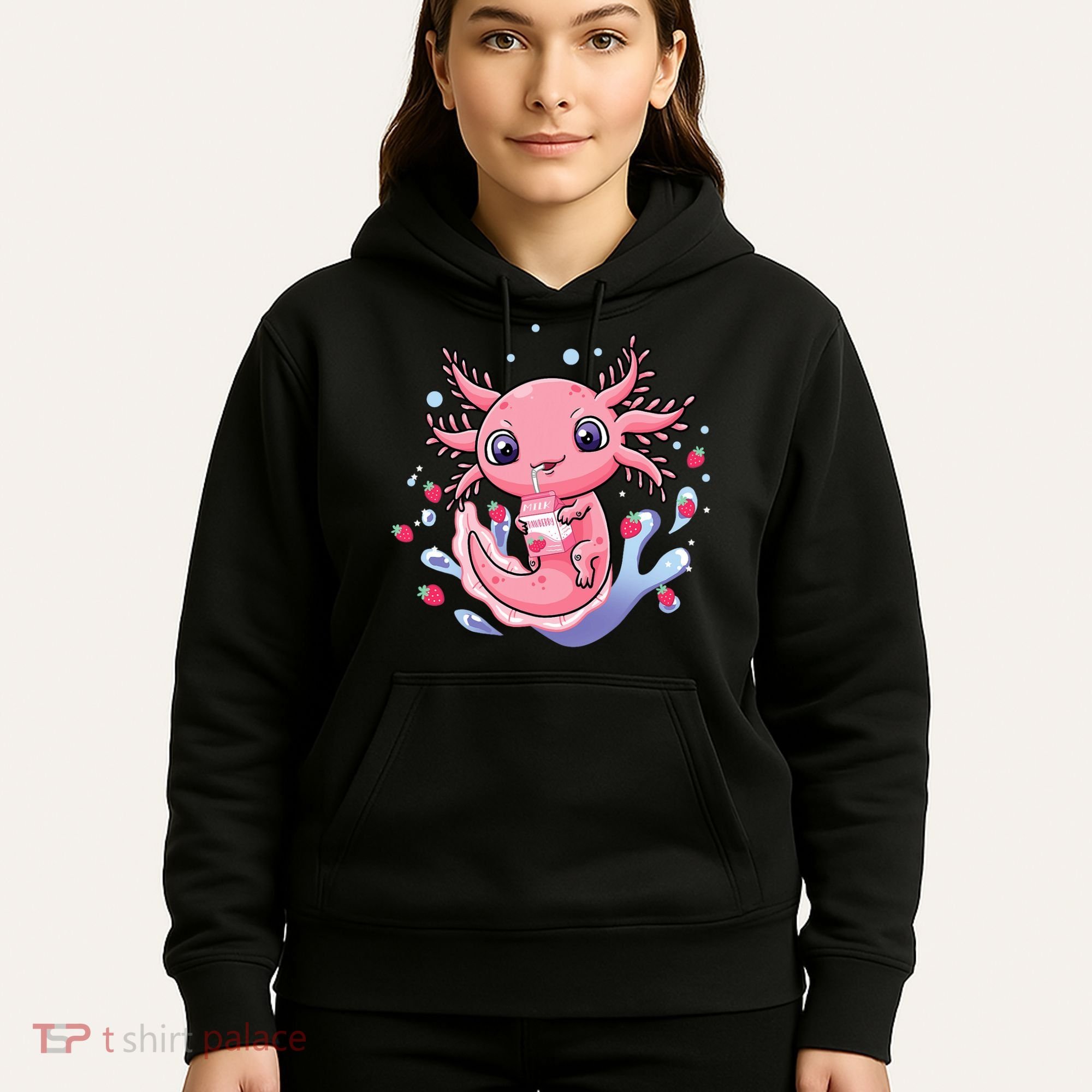 Kawaii Axolotl Strawberry Milk Shake Japanese Anime 2 Hoodie