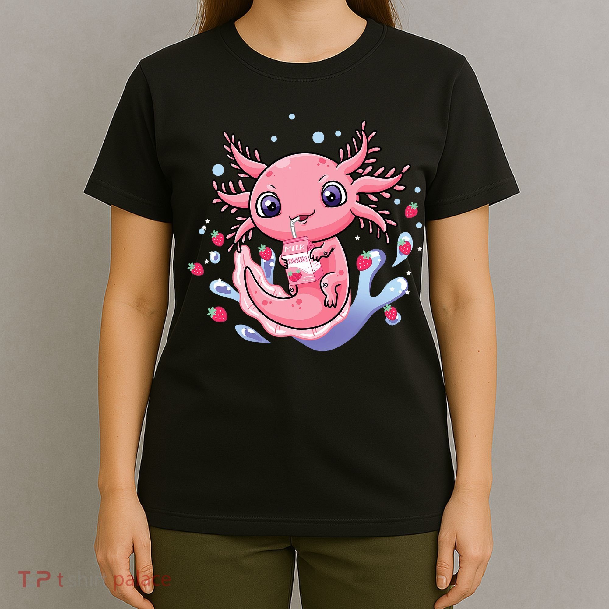 Kawaii Axolotl Strawberry Milk Shake Japanese Anime 2 T-Shirt