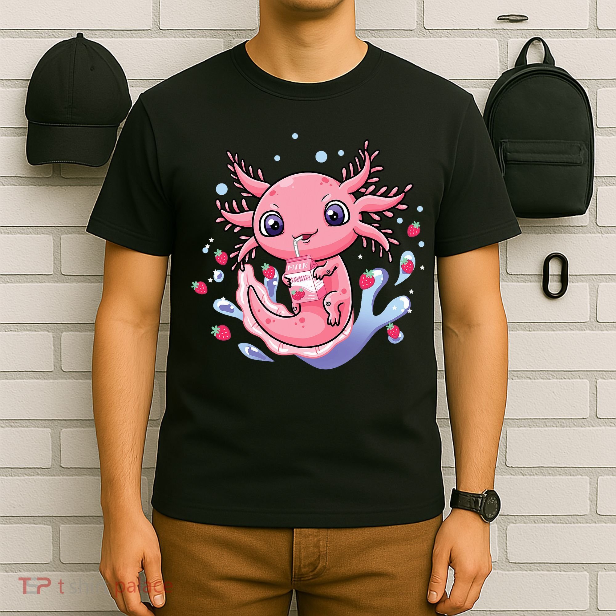 Kawaii Axolotl Strawberry Milk Shake Japanese Anime 2 T-Shirt
