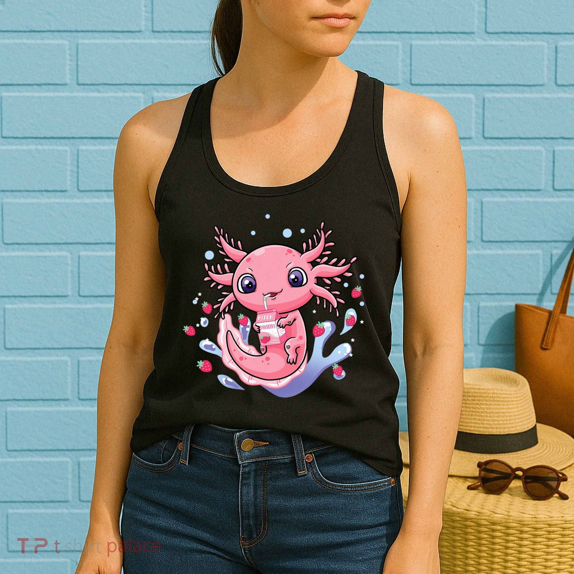 Kawaii Axolotl Strawberry Milk Shake Japanese Anime 2 Women's Tank Top
