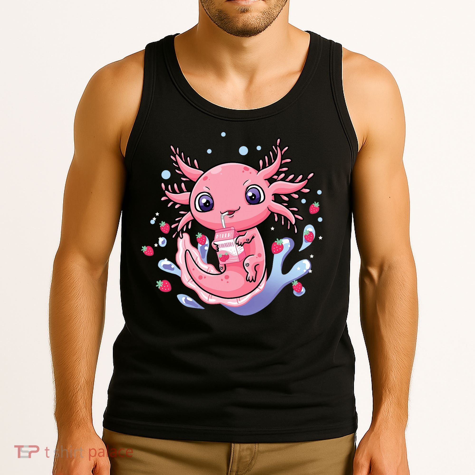 Kawaii Axolotl Strawberry Milk Shake Japanese Anime 2 Tank Top