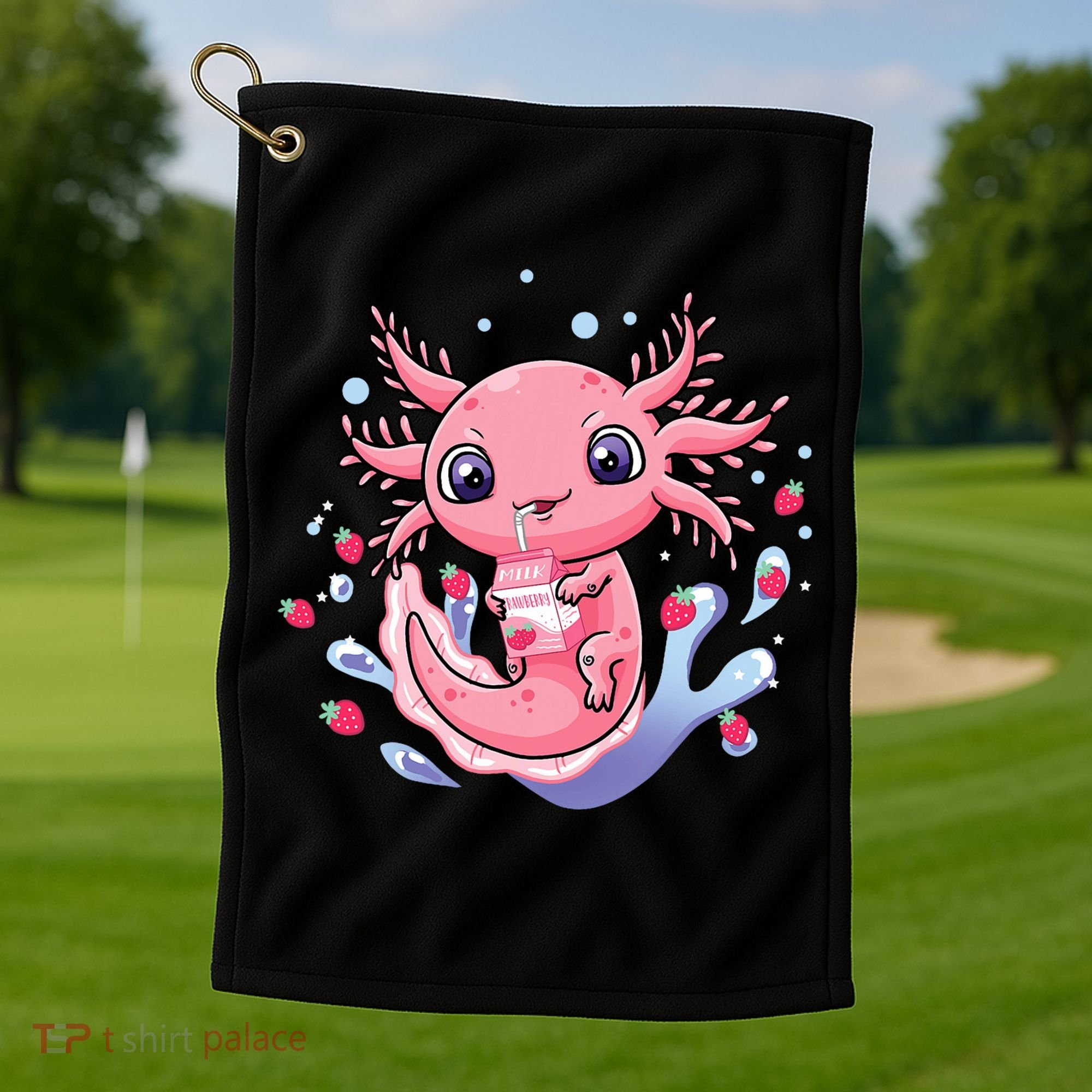Kawaii Axolotl Strawberry Milk Shake Japanese Anime 2 Golf Towel