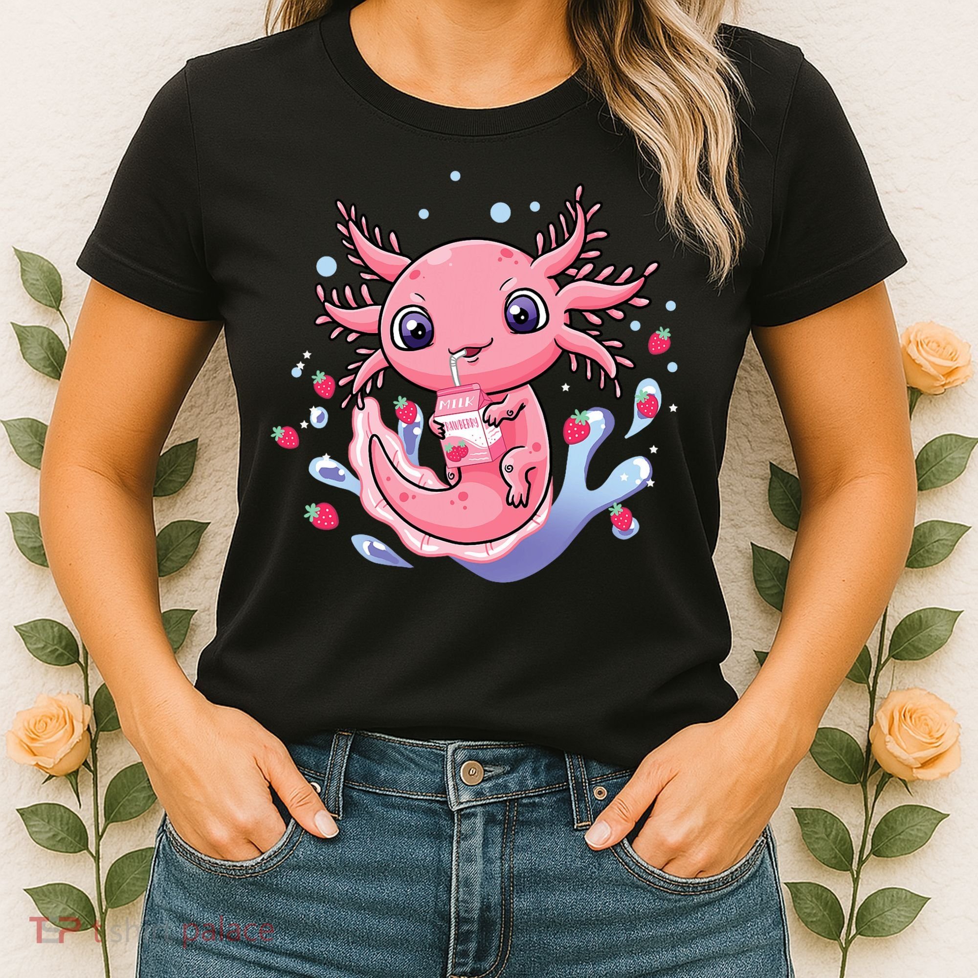 Kawaii Axolotl Strawberry Milk Shake Japanese Anime 2 Women's T-Shirt