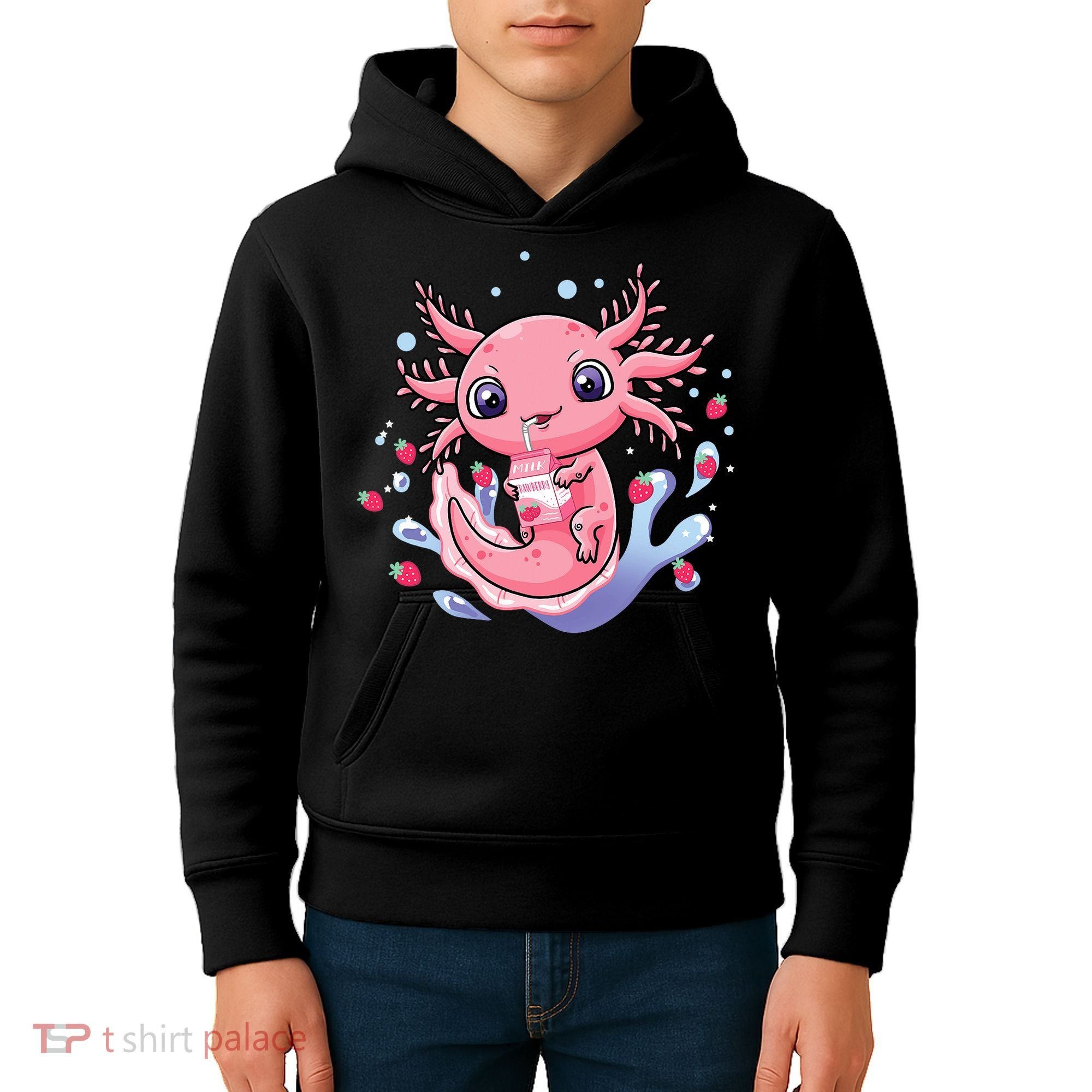 Kawaii Axolotl Strawberry Milk Shake Japanese Anime 2 Kids Hoodie