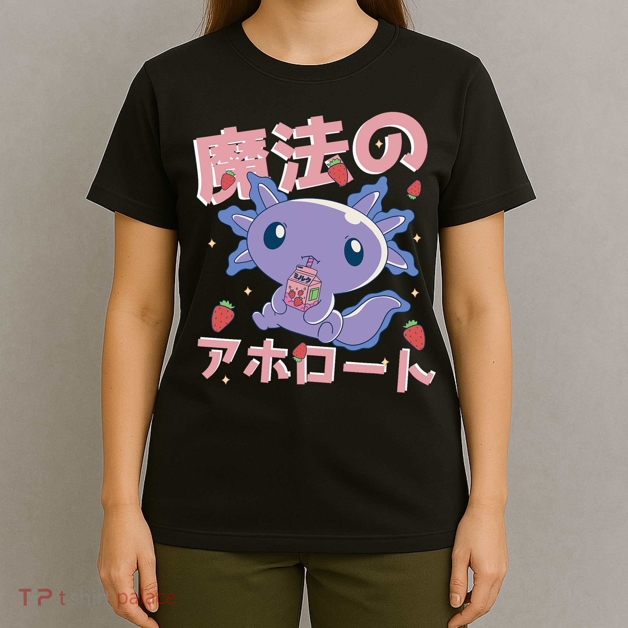 Kawaii Axolotl Strawberry Milk Shake Japanese Anime T-Shirt