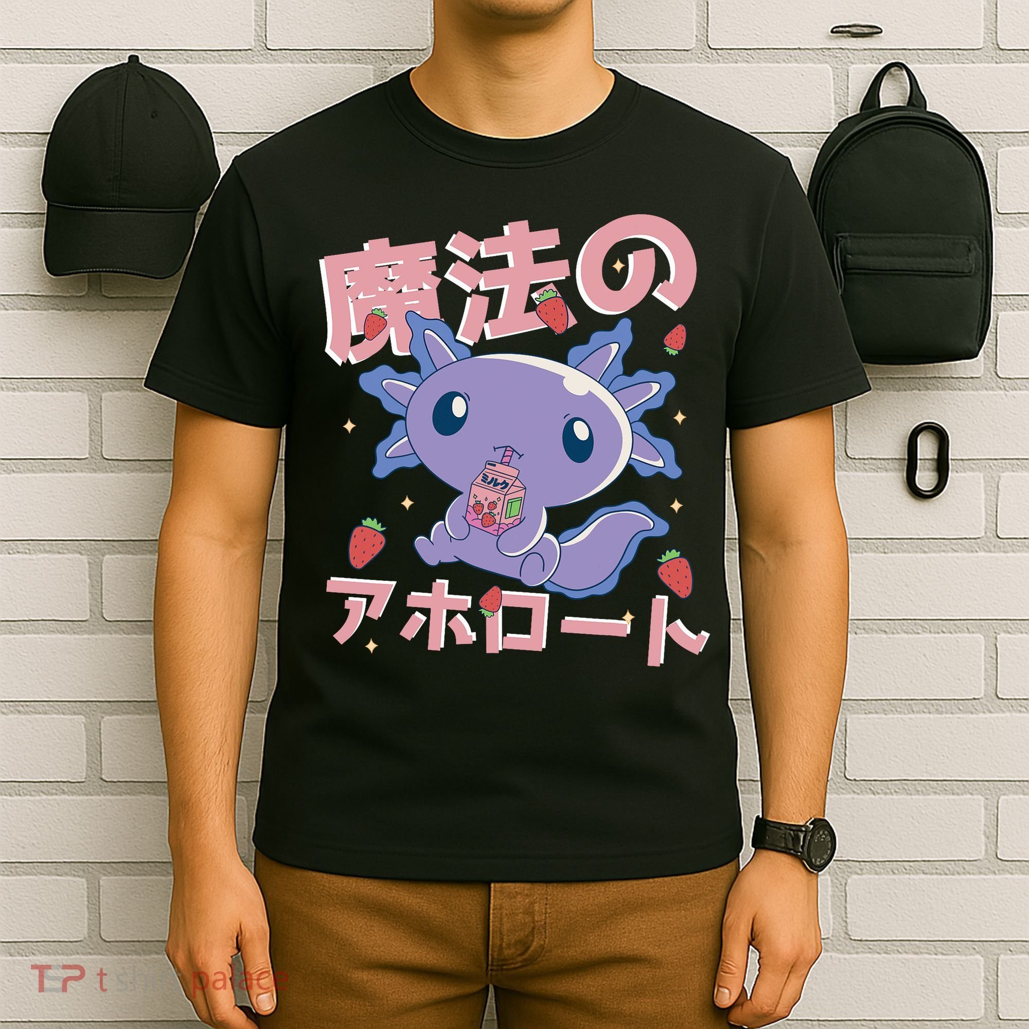 Kawaii Axolotl Strawberry Milk Shake Japanese Anime T-Shirt