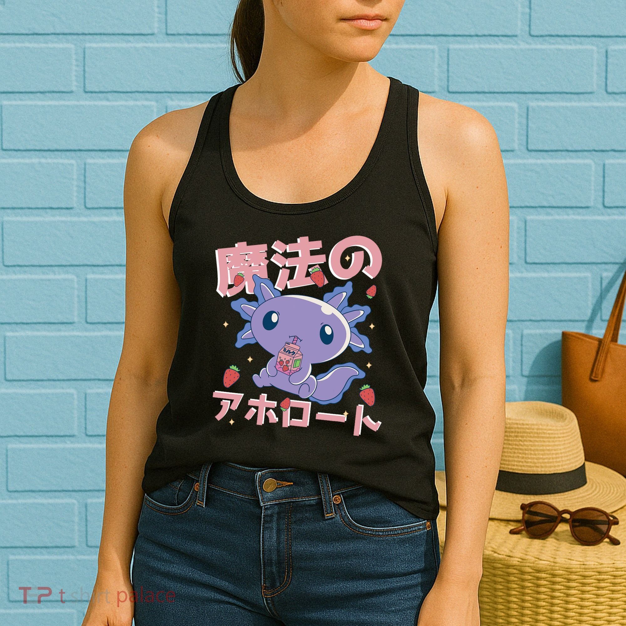 Kawaii Axolotl Strawberry Milk Shake Japanese Anime Women's Tank Top