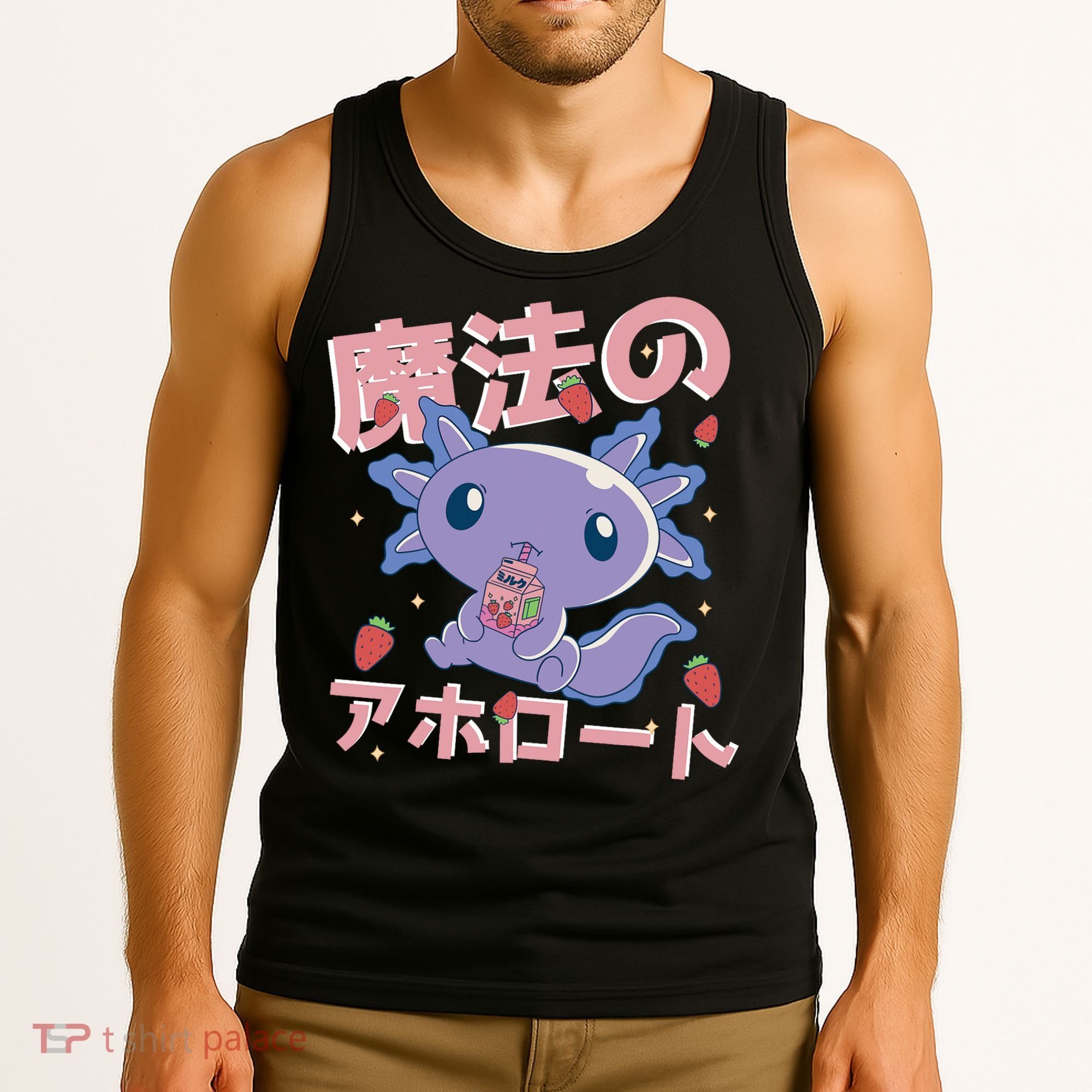 Kawaii Axolotl Strawberry Milk Shake Japanese Anime Tank Top