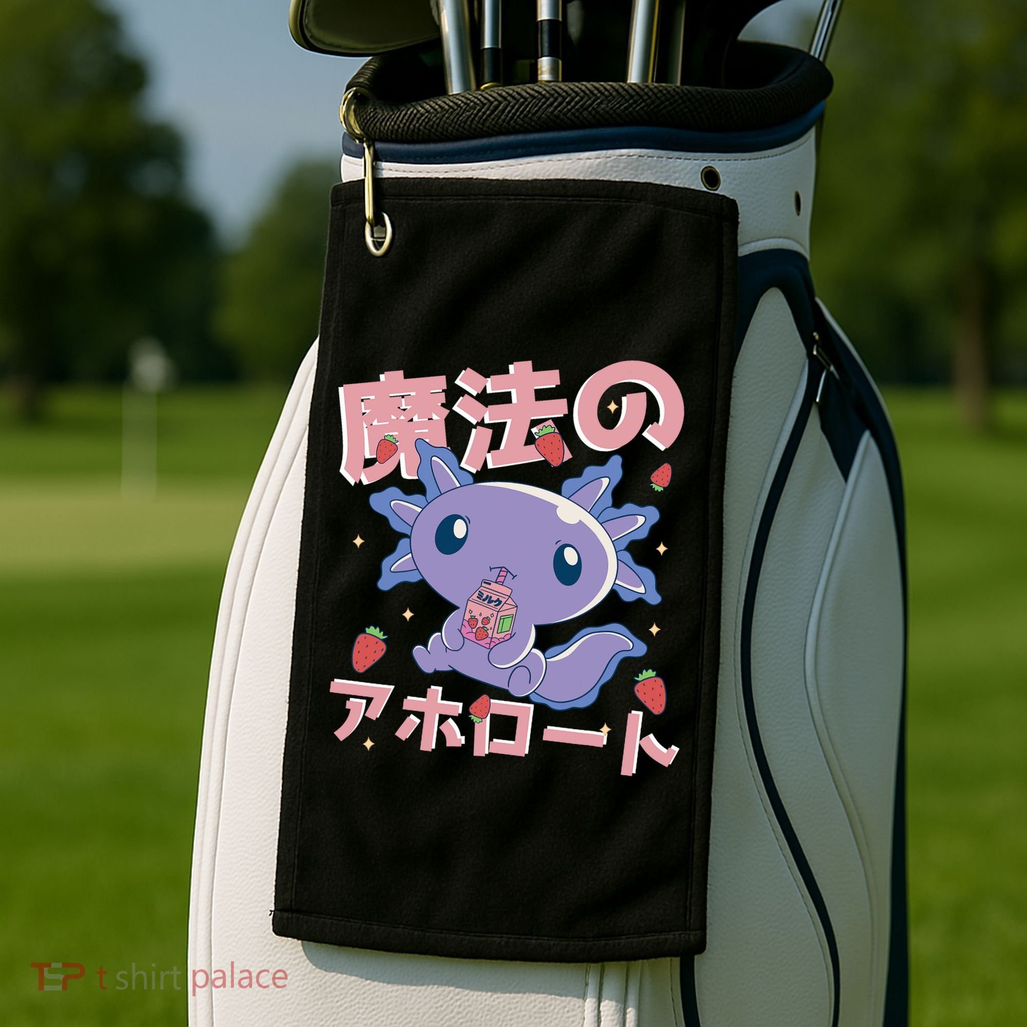 Kawaii Axolotl Strawberry Milk Shake Japanese Anime Golf Towel