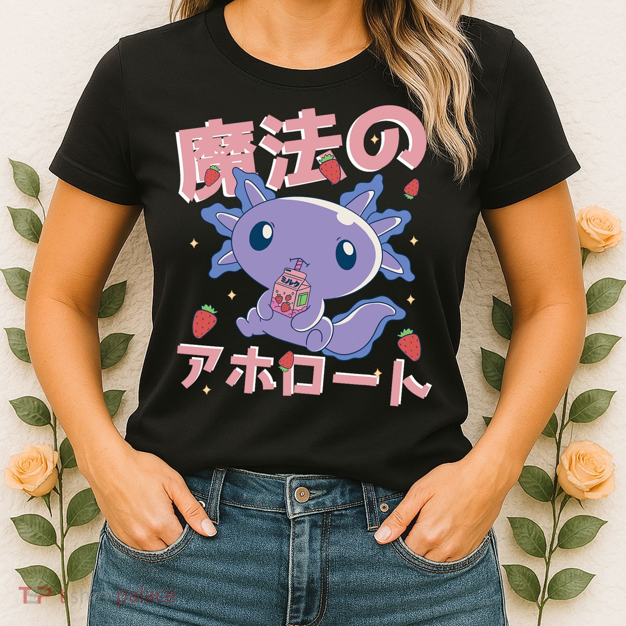Kawaii Axolotl Strawberry Milk Shake Japanese Anime Women's T-Shirt