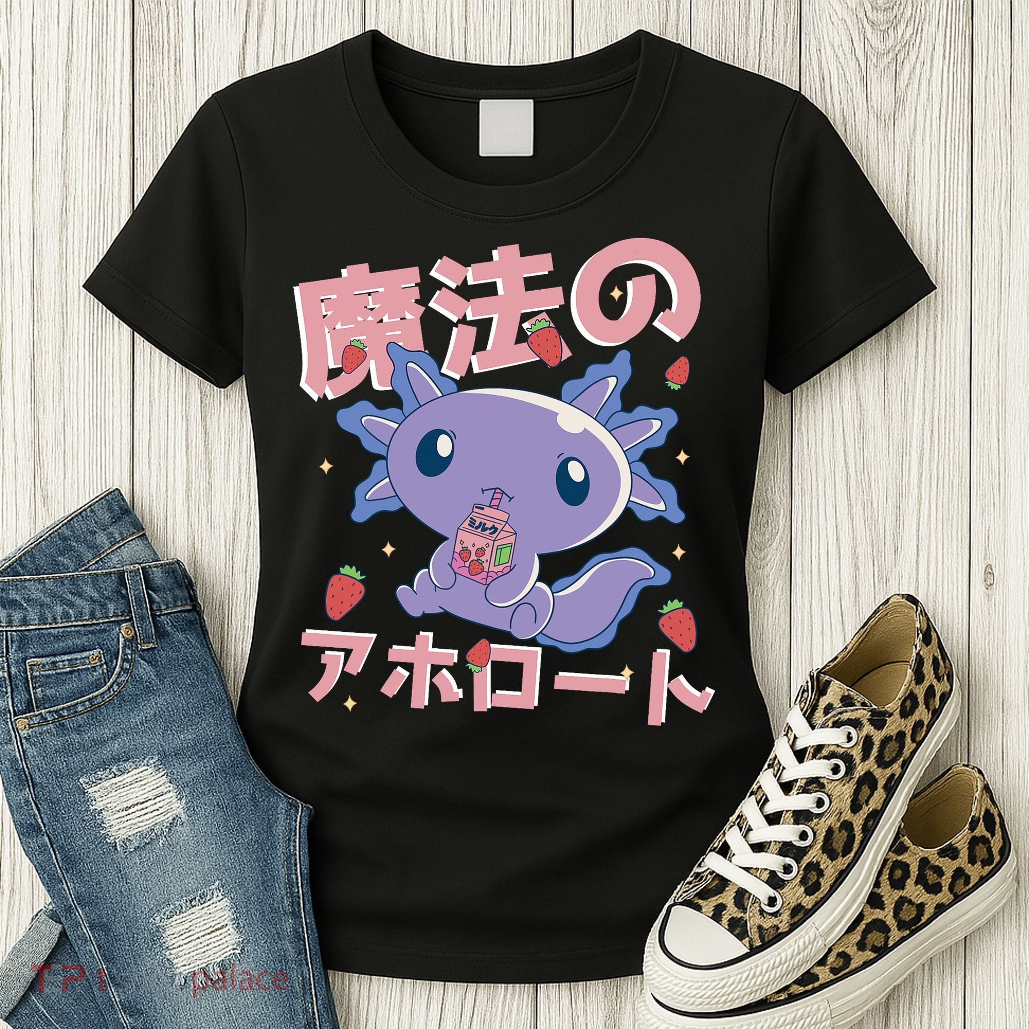 Kawaii Axolotl Strawberry Milk Shake Japanese Anime Women's T-Shirt