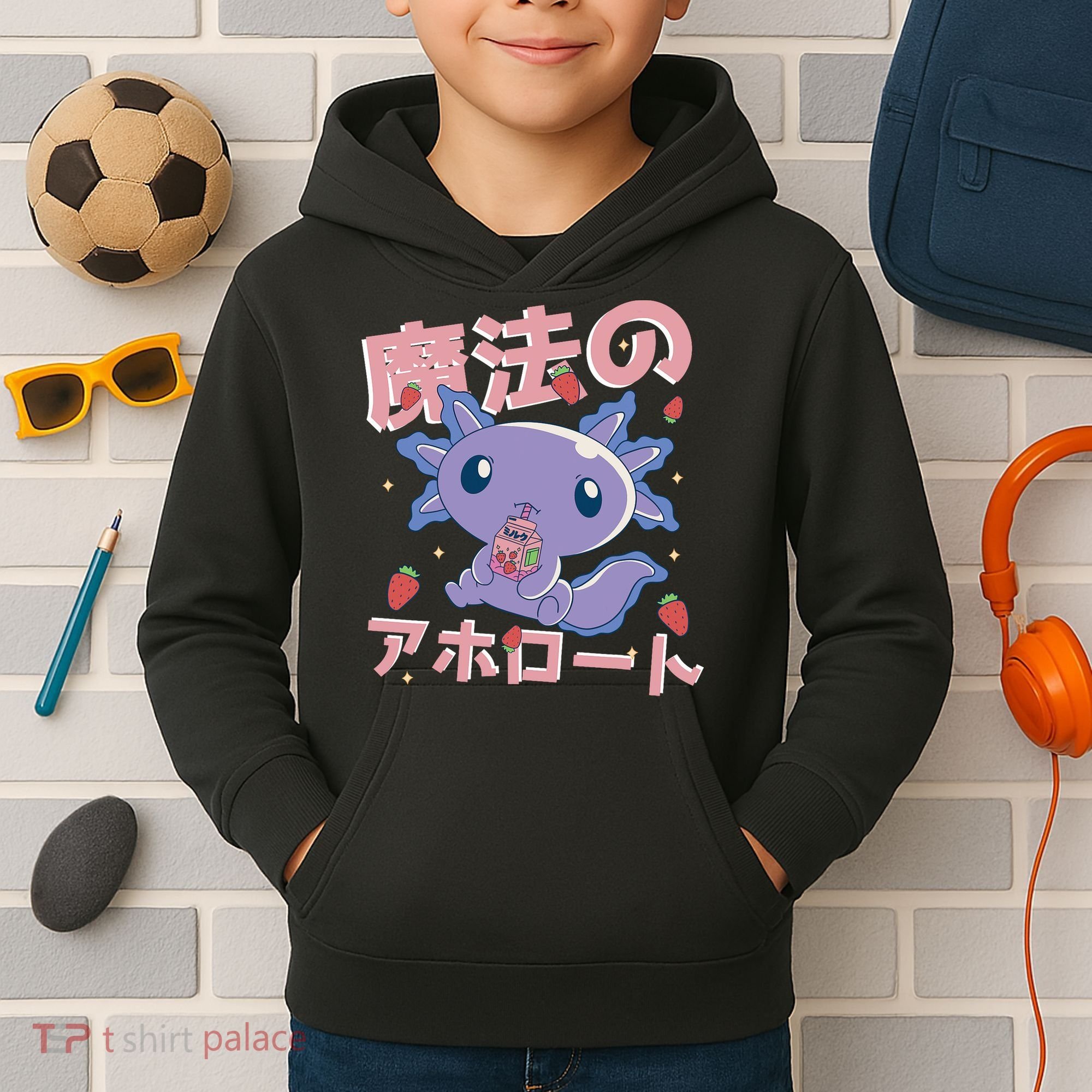 Kawaii Axolotl Strawberry Milk Shake Japanese Anime Kids Hoodie