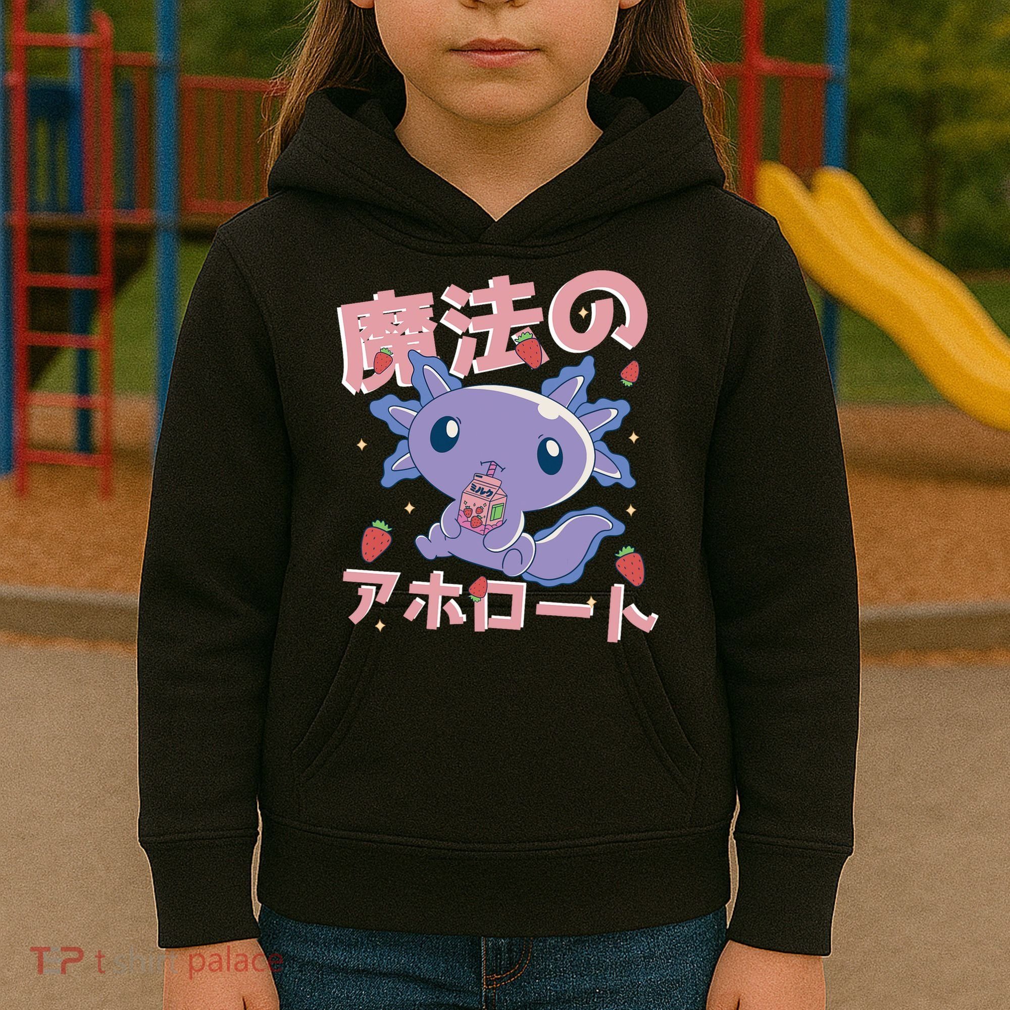 Kawaii Axolotl Strawberry Milk Shake Japanese Anime Kids Hoodie