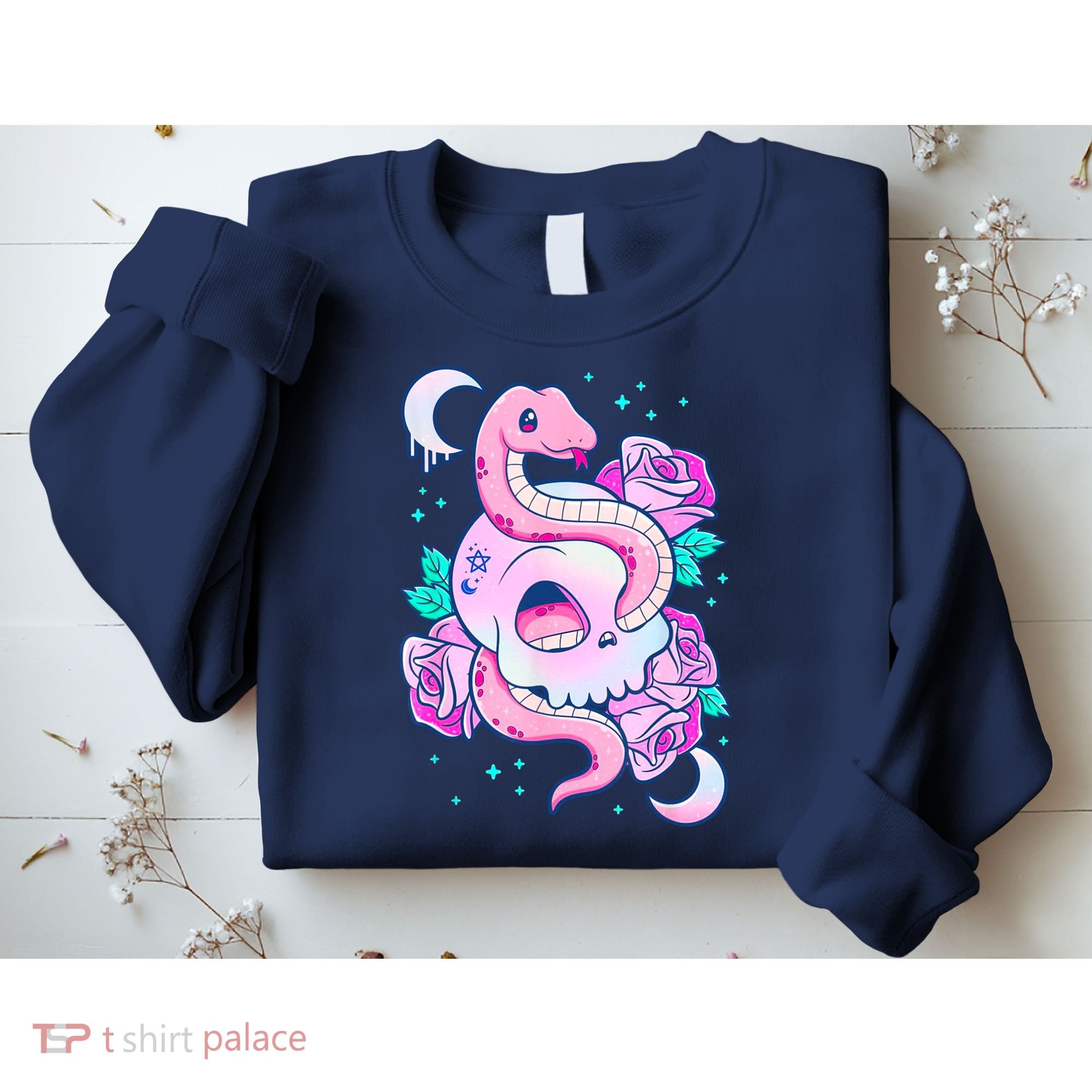 Kawaii Pastel Goth Cute Creepy Skull Serpent Snake Roses Sweatshirt