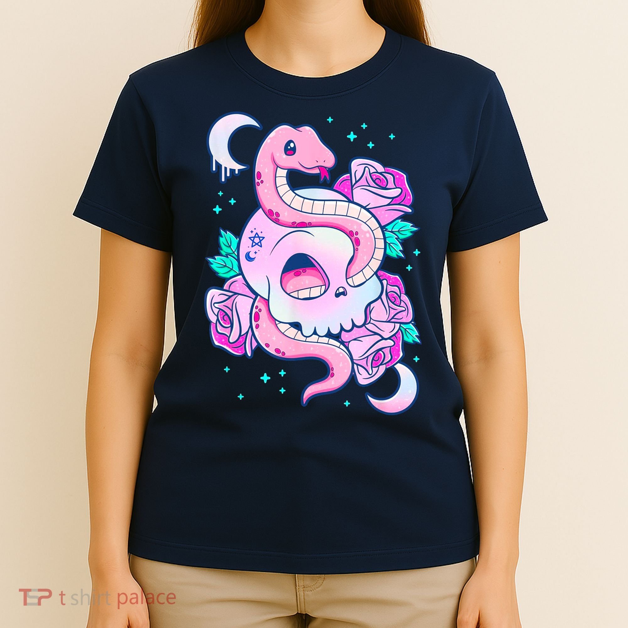 Kawaii Pastel Goth Cute Creepy Skull Serpent Snake Roses T-Shirt