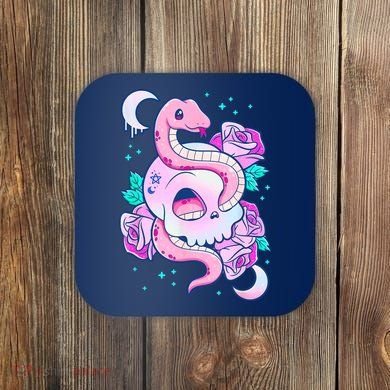 Kawaii Pastel Goth Cute Creepy Skull Serpent Snake Roses Coaster