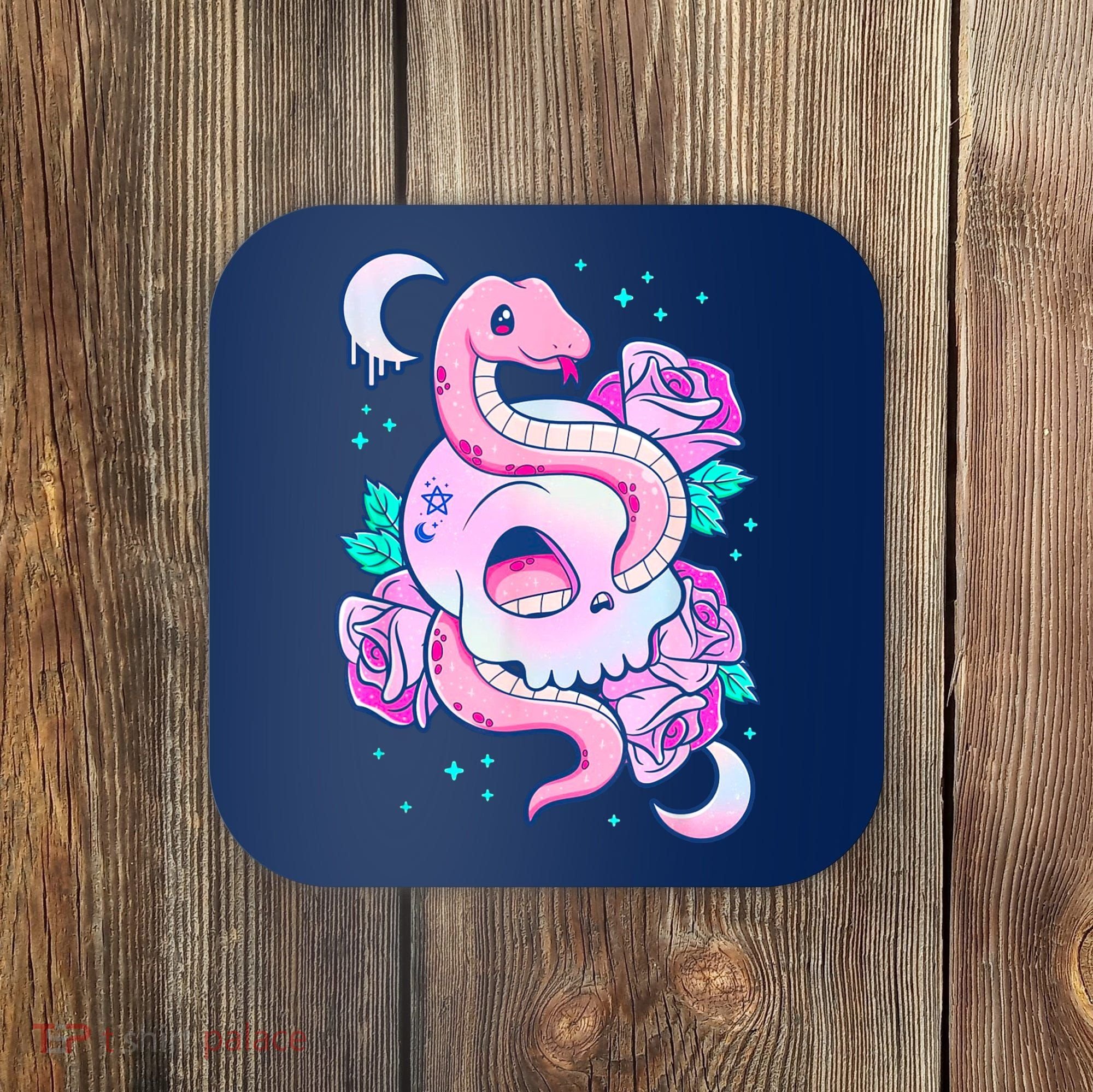 Kawaii Pastel Goth Cute Creepy Skull Serpent Snake Roses Coaster