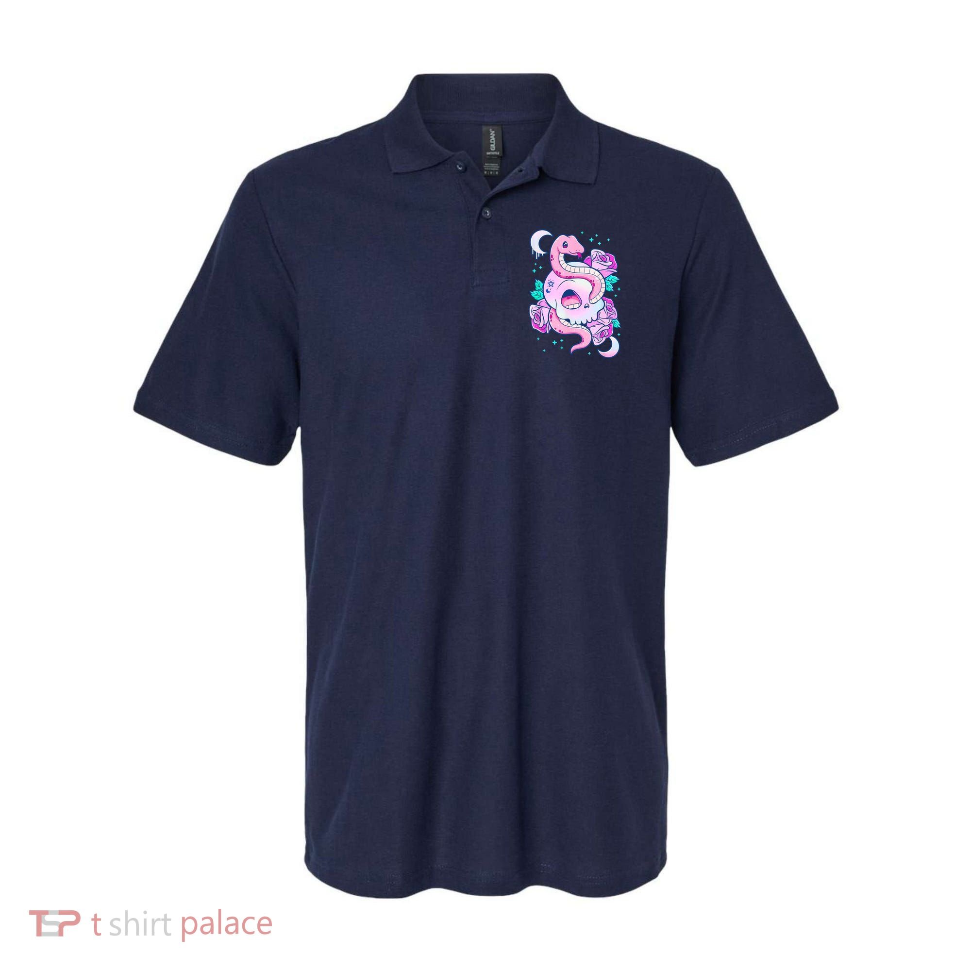 Kawaii Pastel Goth Cute Creepy Skull Serpent Snake Roses Polo